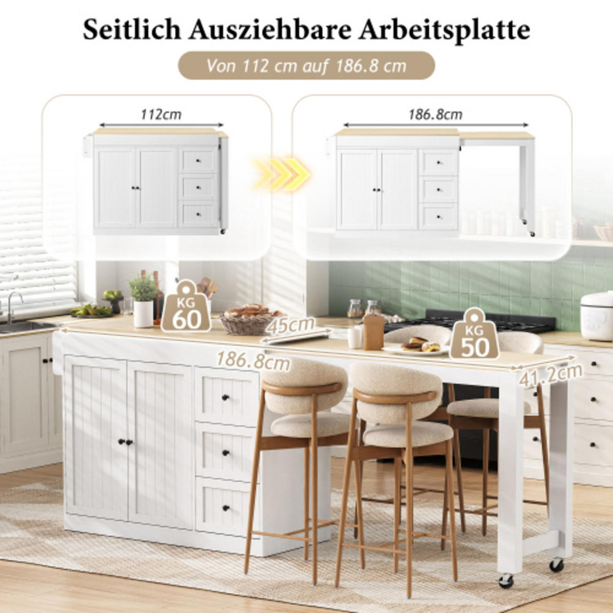 KÜCHENINSEL mit arretierbaren Lenkrollen weiß 112-186,8×45×93 cm aus MDF - Weiß, Holzwerkstoff (186.8/93/45cm) - Luhomfu