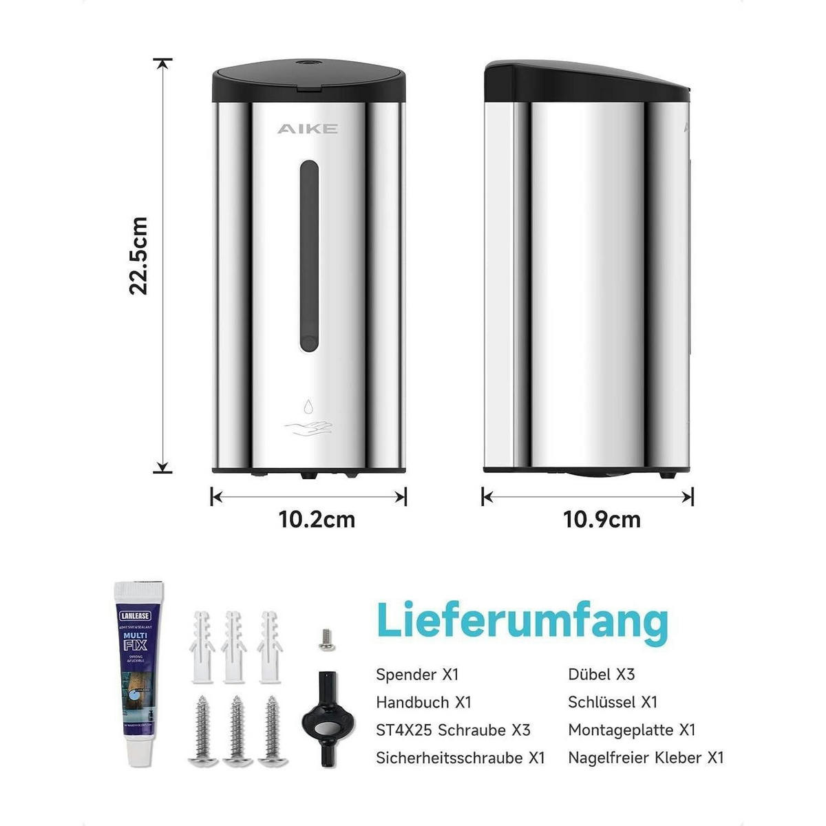 AUTOMATISCHER Seifenspender Wandmontage 750ml Edelstahl poliert - Silberfarben, Metall (11.7/24.7/13.2cm)