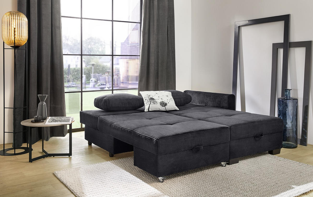 ECKSOFA Doppelbett mit Bettkasten, seitenverkehrt montierbar B247/T155/H87 cm, Liegefläche 183x207 cm, Cord Schwarz / 15216 - Schwarz, Kunststoff/Textil (247/155cm) - luma-home