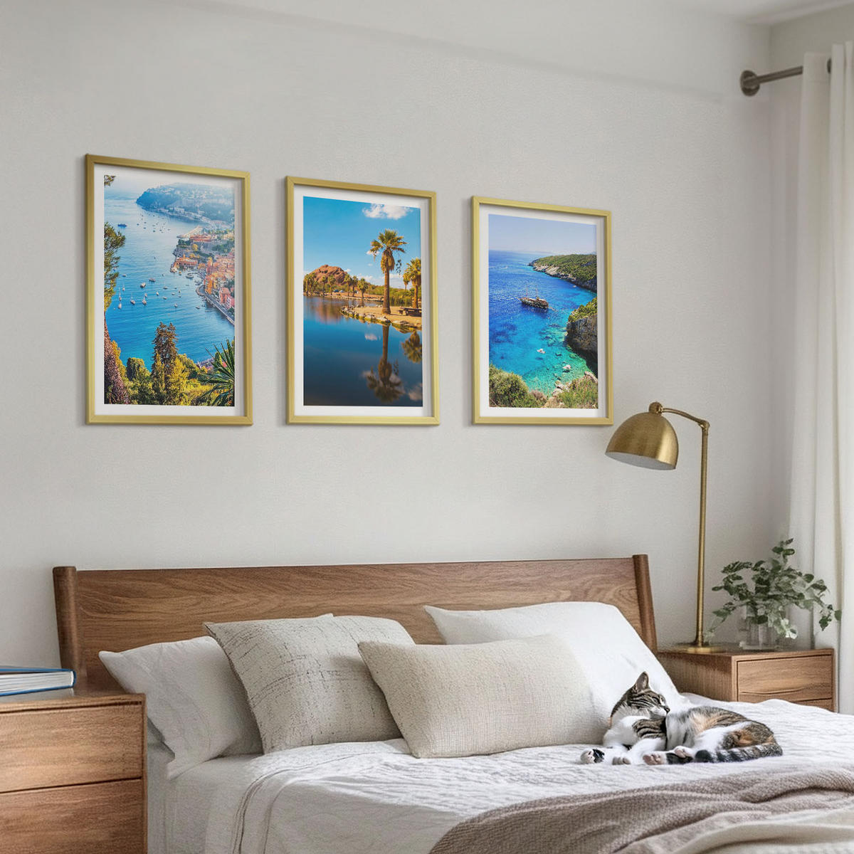 WANDBILDER 3er Set - 40x60 cm Goldrahmen - Palmen am Meer, blaues Wasser - Goldfarben, Kunststoff (40/60cm) - ArtPrintCave