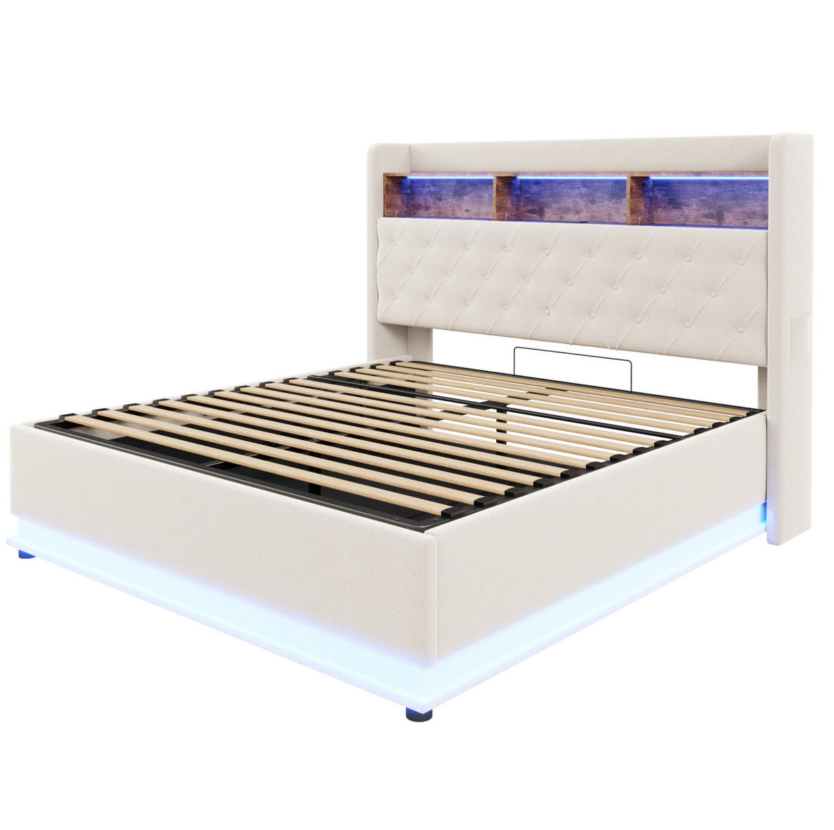 POLSTERBETT mit Leinenbezug 180x200 cm Beige mit LED-Beleuchtung, USB-Anschluss und Stauraum - Beige, Textil (180/200cm) - IVMEU