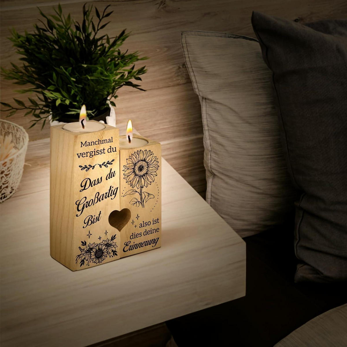 KERZENSTÄNDER Holz mit Spruch 12 cm - Braun, Holz (4/12/9cm)