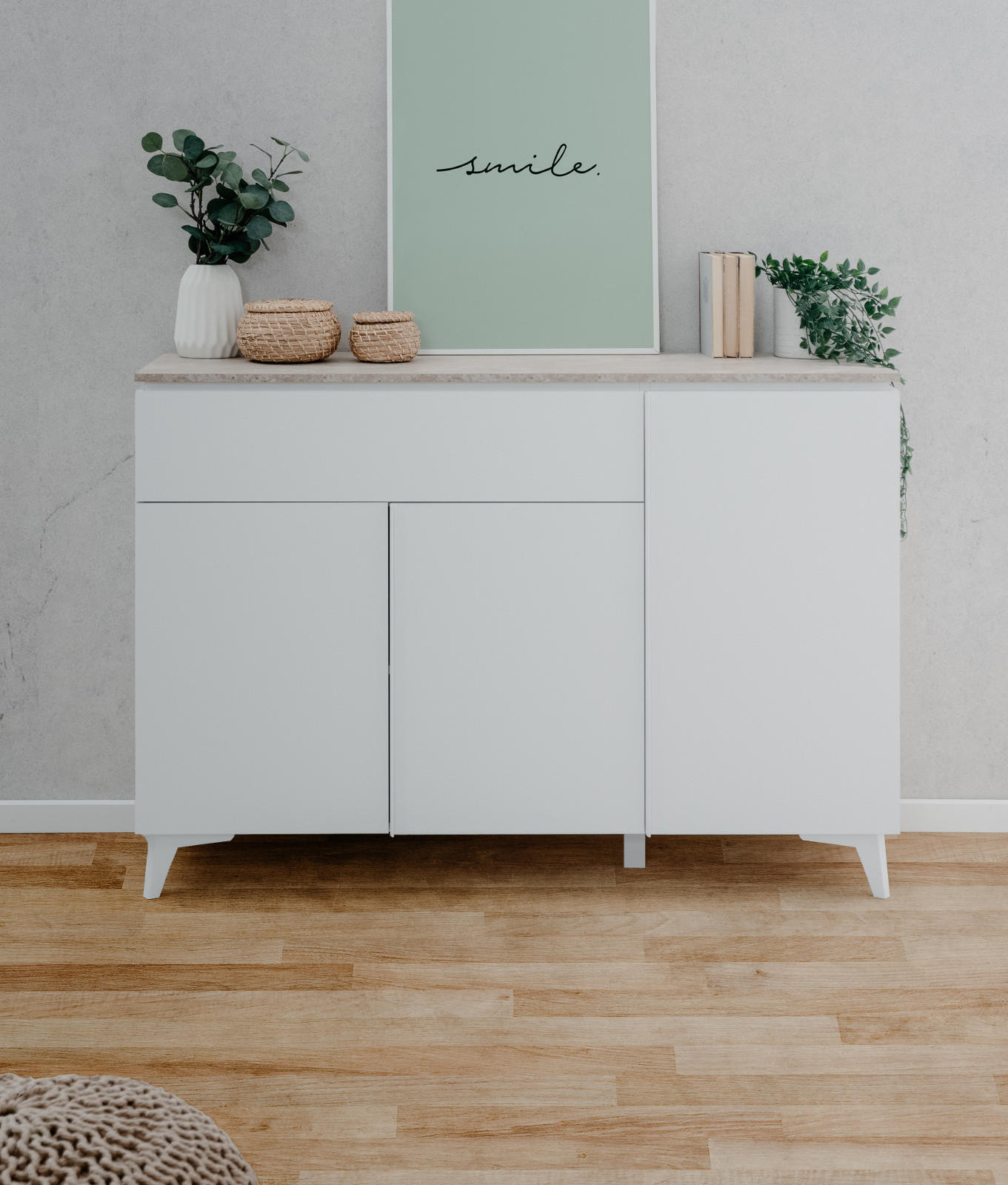 SIDEBOARD weiß, Sandstein 133 cm, Kommode 3-türig - Weiß, Holzwerkstoff/Kunststoff (133/92/40cm) - Furn.Design