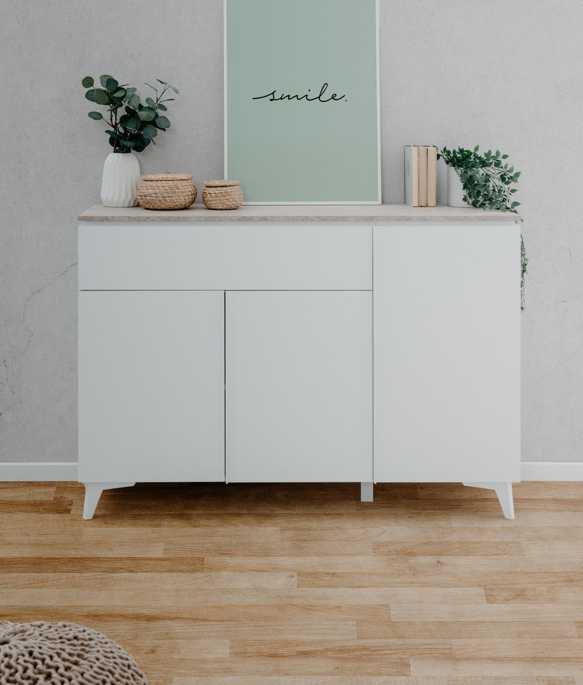 SIDEBOARD weiß, Sandstein 133 cm, Kommode 3-türig - Weiß, Holzwerkstoff/Kunststoff (133/92/40cm) - Furn.Design
