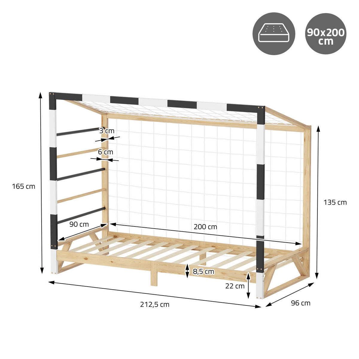 KINDERBETT Fußballtor 90x200 cm Schwarz-Weiß - Hellbraun, Holz (90/200cm) - ML-DESIGN
