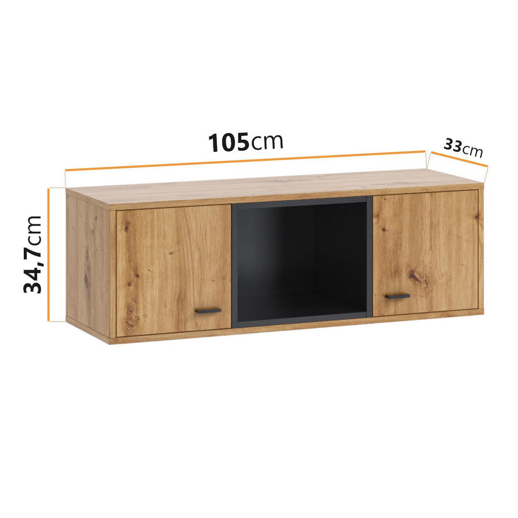 Thumbnail - Ravio Hängeschrank, Schwarz, Eiche Artisan, Holzwerkstoff, 1 Fächer, Rechteckig,Rechteckig, 105x35x33 cm, Wohnzimmer, Re...