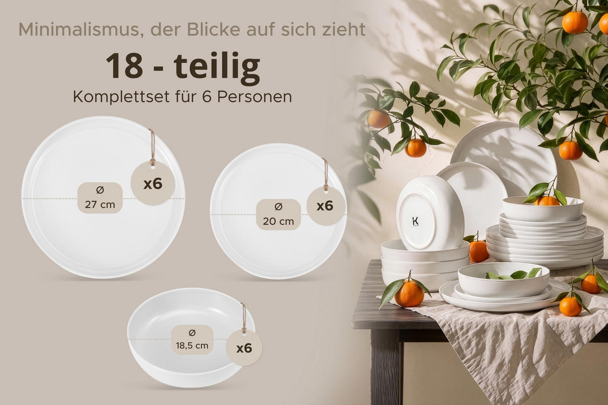 TAFELSERVICE VICTO 6 Personen 18-tlg Weiß matt - Weiß, Keramik (27/2/27cm) - KONSIMO®