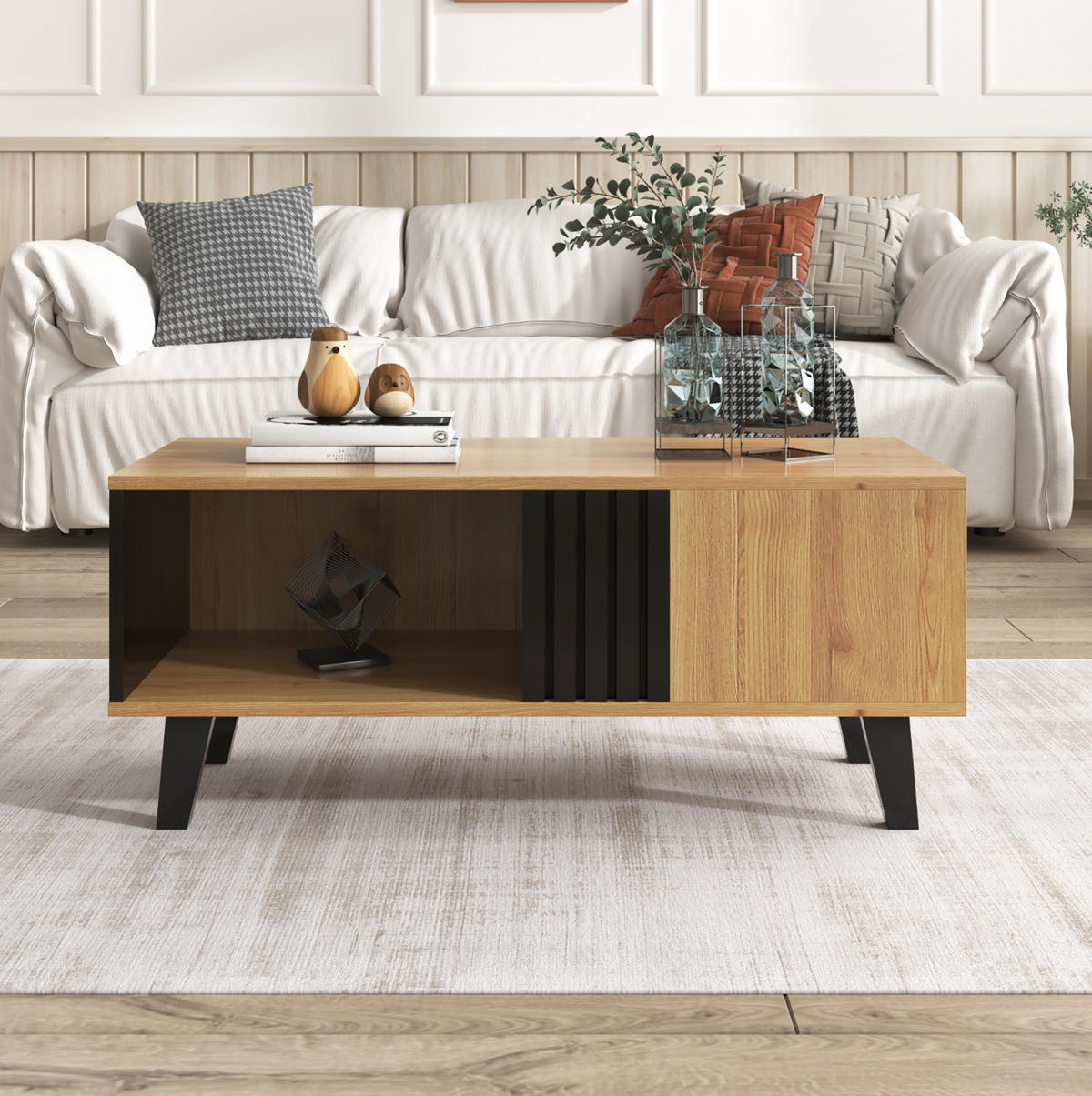 COUCHTISCH aus Glas und Spanplatte 100x60x45 cm in Naturfarben mit Stauraum - Naturfarben, Holzwerkstoff (100/60/45cm) - Modfu