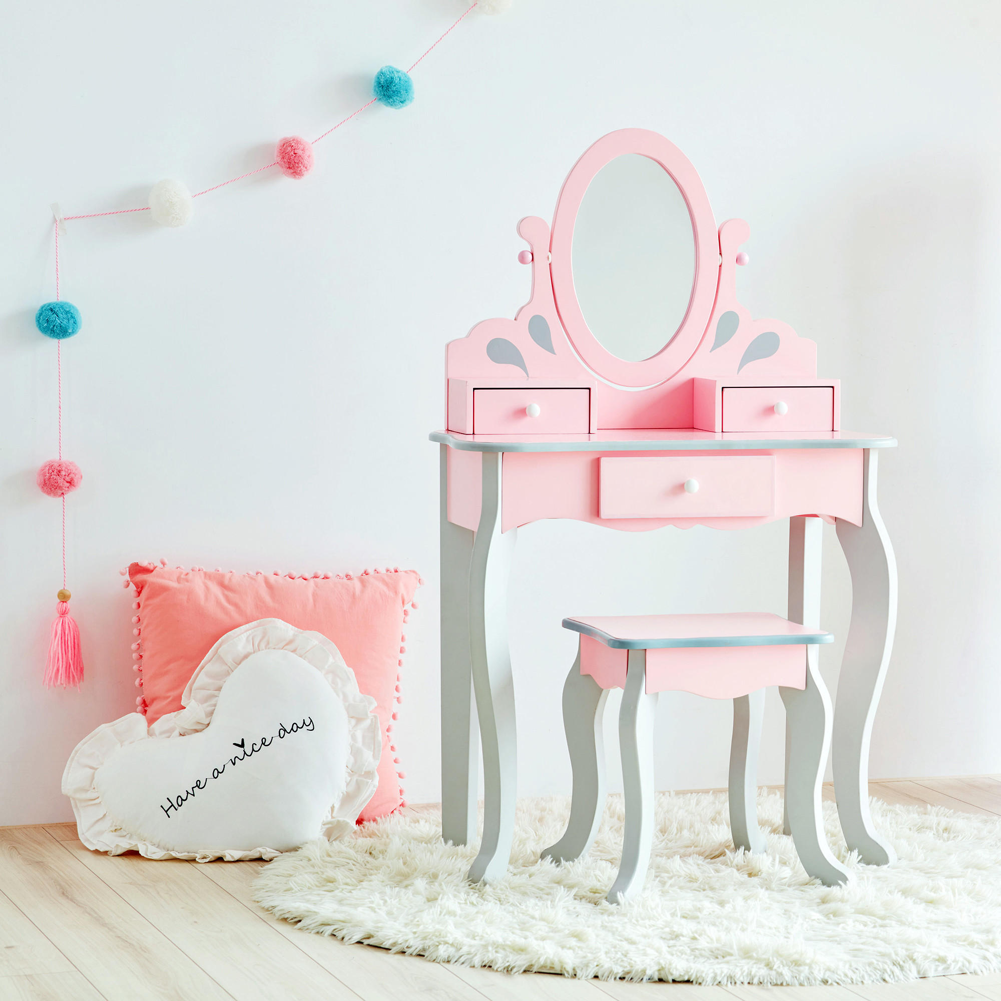 KINDER-SCHMINKTISCH mit Spiegel und Hocker, Rosa, 99cm - Pink, Holzwerkstoff (32/99/63cm) - Teamson Kids
