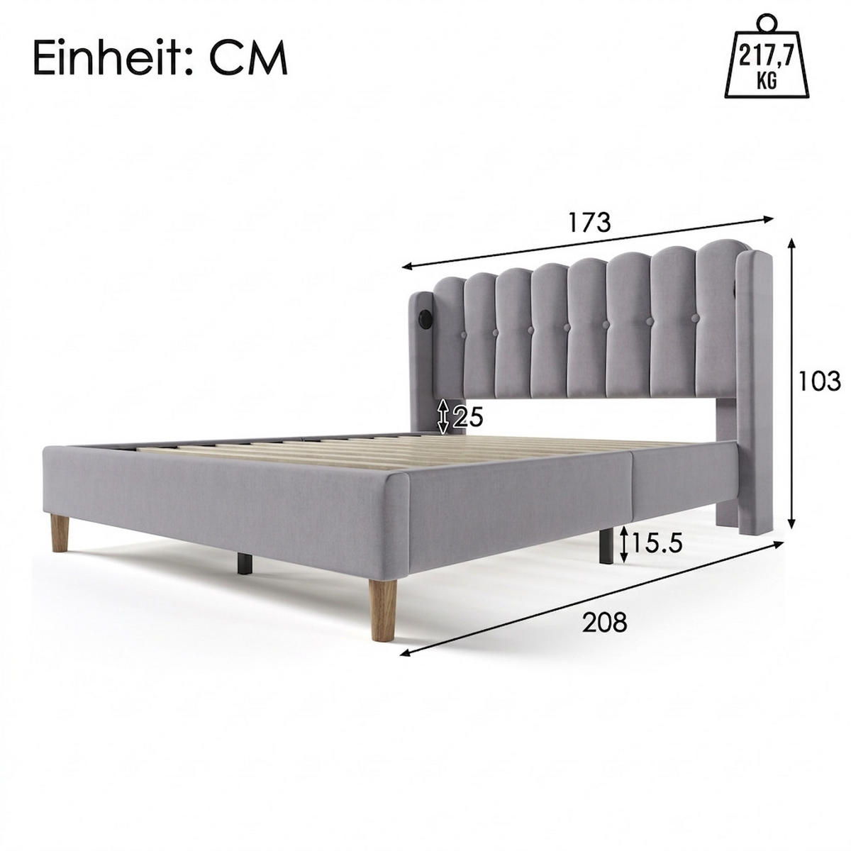 POLSTERBETT 160/200 cm Grey mit USB Typ C Ladefunktion - Grau, Textil (160/200cm) - Oxeza
