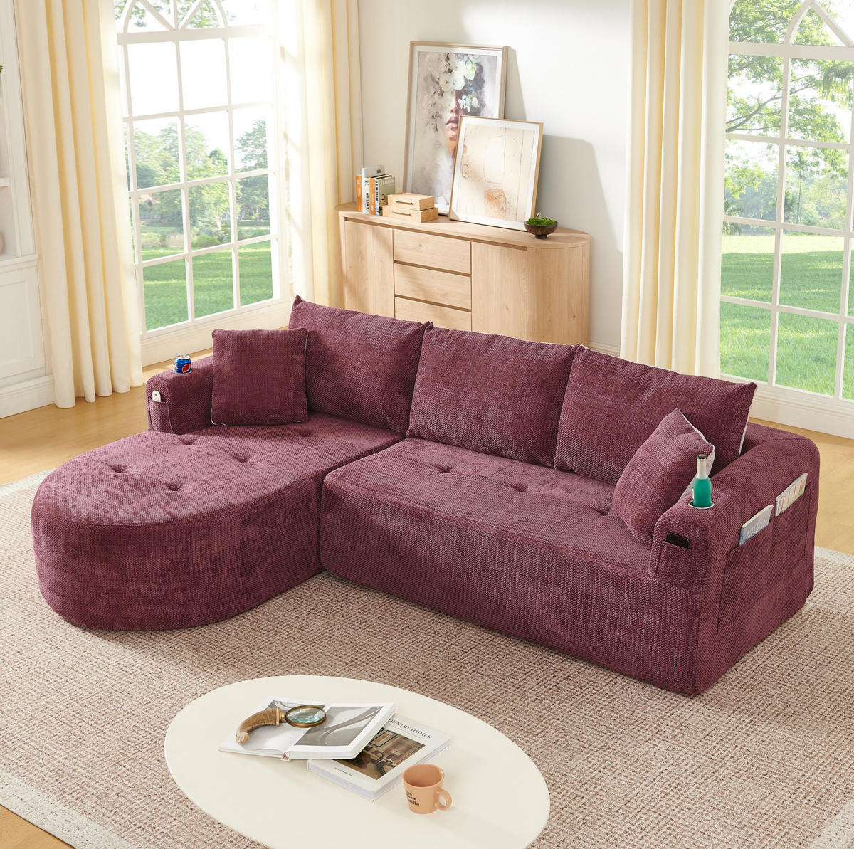 ECKSOFA in L-Form mit Edelstahl-Becherhalter, Seitentaschen und montagefreiem Design, Bordeauxrot - Bordeaux, Textil (255/170cm) - Redom