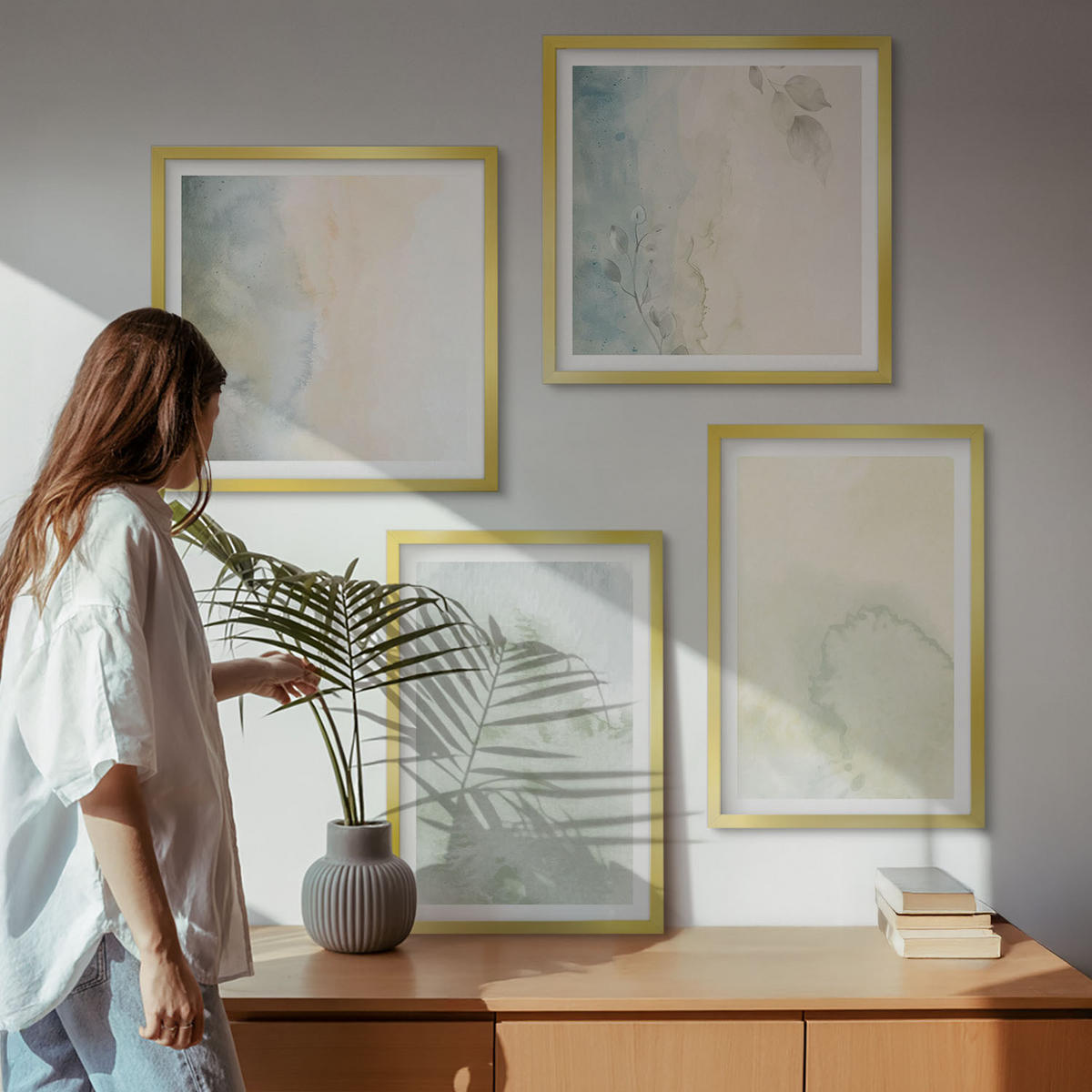 BILDER SET 4er Set - 50x50 cm & 40x60 cm Goldrahmen - Pastellfarbene Aquarell-Leinwandtextur - Goldfarben, Kunststoff (50/50cm) - TULUP