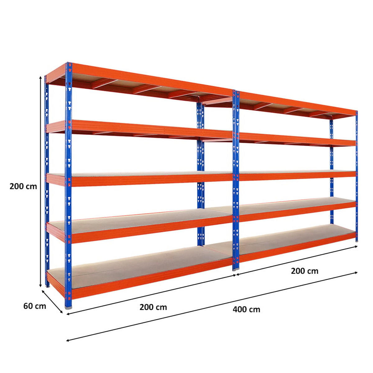 SCHWERLASTREGAL Rhino 2er-Set 200x200x60 cm 5 Spanplatten-Ebenen 8mm Fachlast 500 kg Blau/Orange - Blau/Orange, Metall (400/200/60cm) - PROREGAL