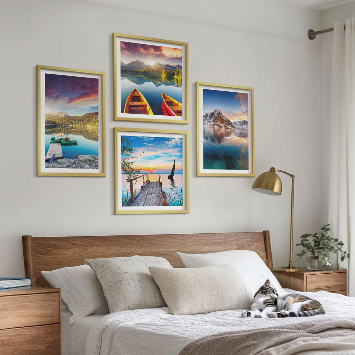 WANDBILDER 4er Set - 50x50 cm & 40x60 cm Goldrahmen - Seen- und Berglandschaft Łódź - Goldfarben, Kunststoff (50/50cm) - ArtPrintCave