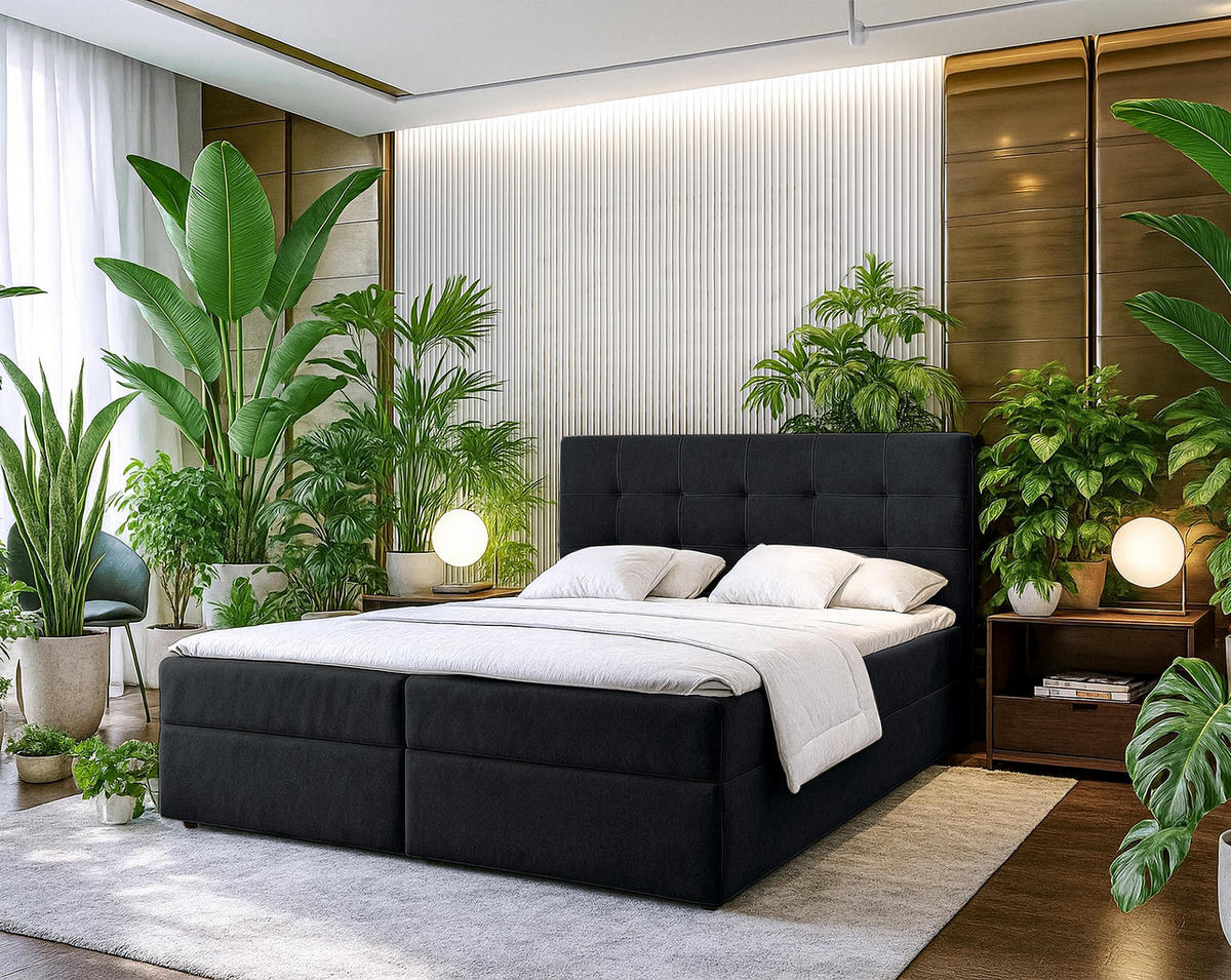 BOXBETT GECETENI 180x200 cm mit Bettkasten und Matratze - Schwarz - Schwarz, Holz/Holzwerkstoff (180/200cm) - AX Living