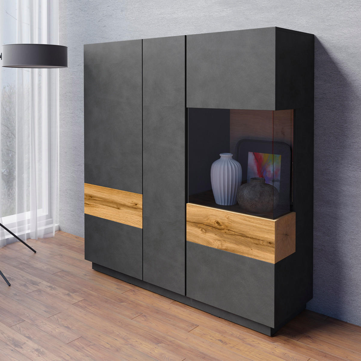 VITRÍNA Andrea Antracitově šedá a dřevo - šedá, kompozitní dřevo (130/139/40cm) - Petits-meubles