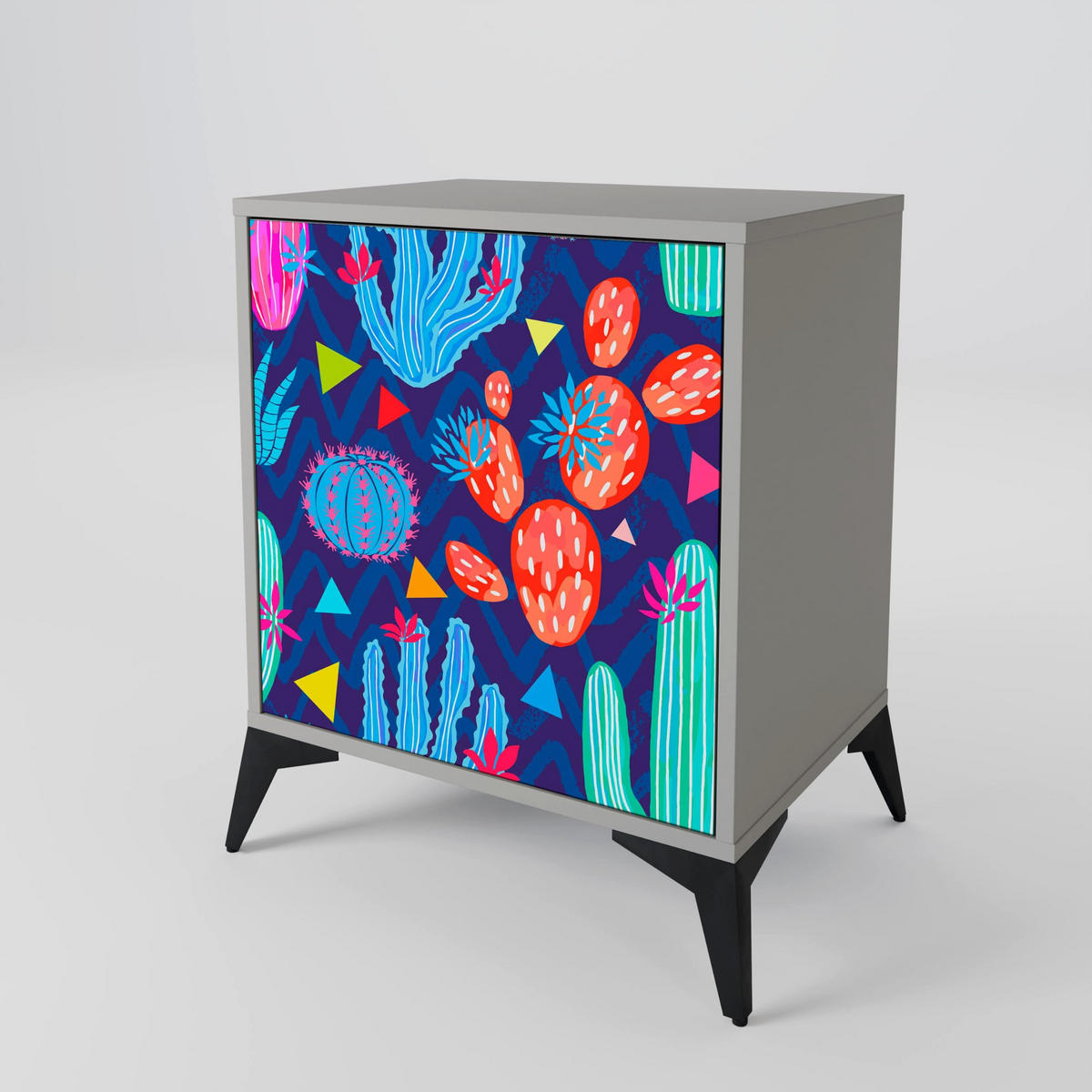 SIDEBOARD CACTUS VIBES, Grau, 57,5x42x77,5 cm, Schräge Buchenholzfüße - Buchefarben/Multicolor, Holzwerkstoff/Buchenholz (57.5/77.5/42cm) - SpaceRebels