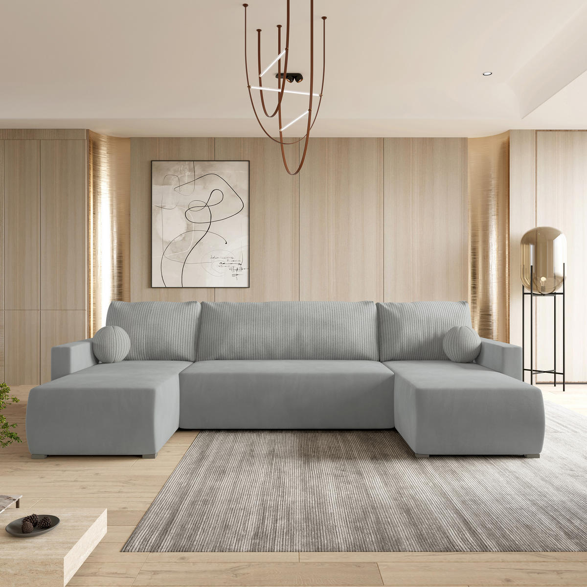 ROHOVÁ SEDAČKA TESSUN světle šedá - šedá/světle šedá, dřevo/textil (286/143cm) - MASSENO