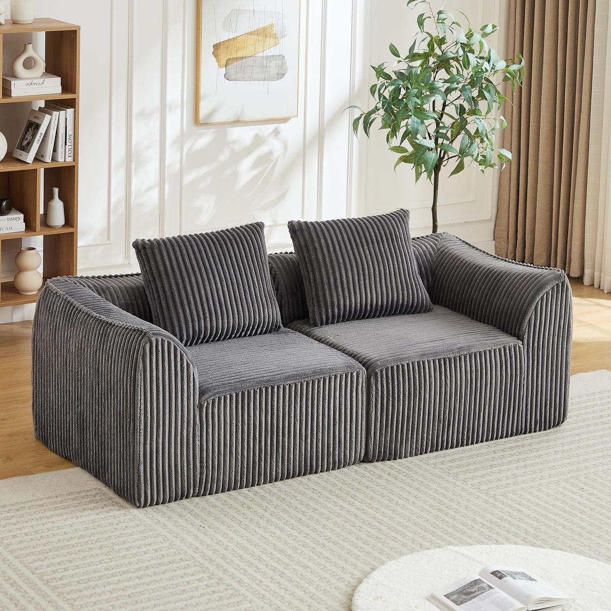 2-SITZER SOFA Cord Grau mit 2 Kissen - Grau, Textil (185/72.5/101cm) - WISHDOR