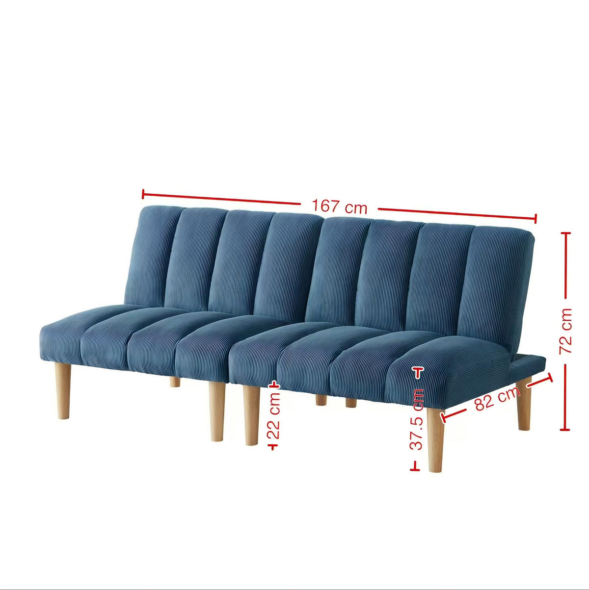 SCHLAFSOFA 167 cm aus Cord mit 3-fach verstellbarer Rückenlehne Blau - Blau, Textil (82/72/167cm) - Modenvie
