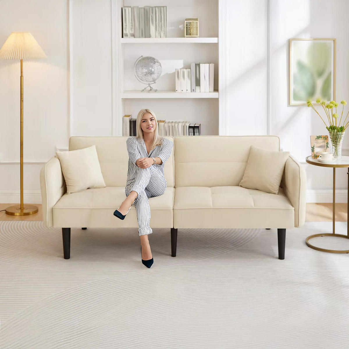 SOFA 2in1 Verstellbar Schlaffunktion Samtbezug Klappbare Armlehnen Kleinraum - Beige, Holz (92.08/19.05/80.01cm) - FLIEKS