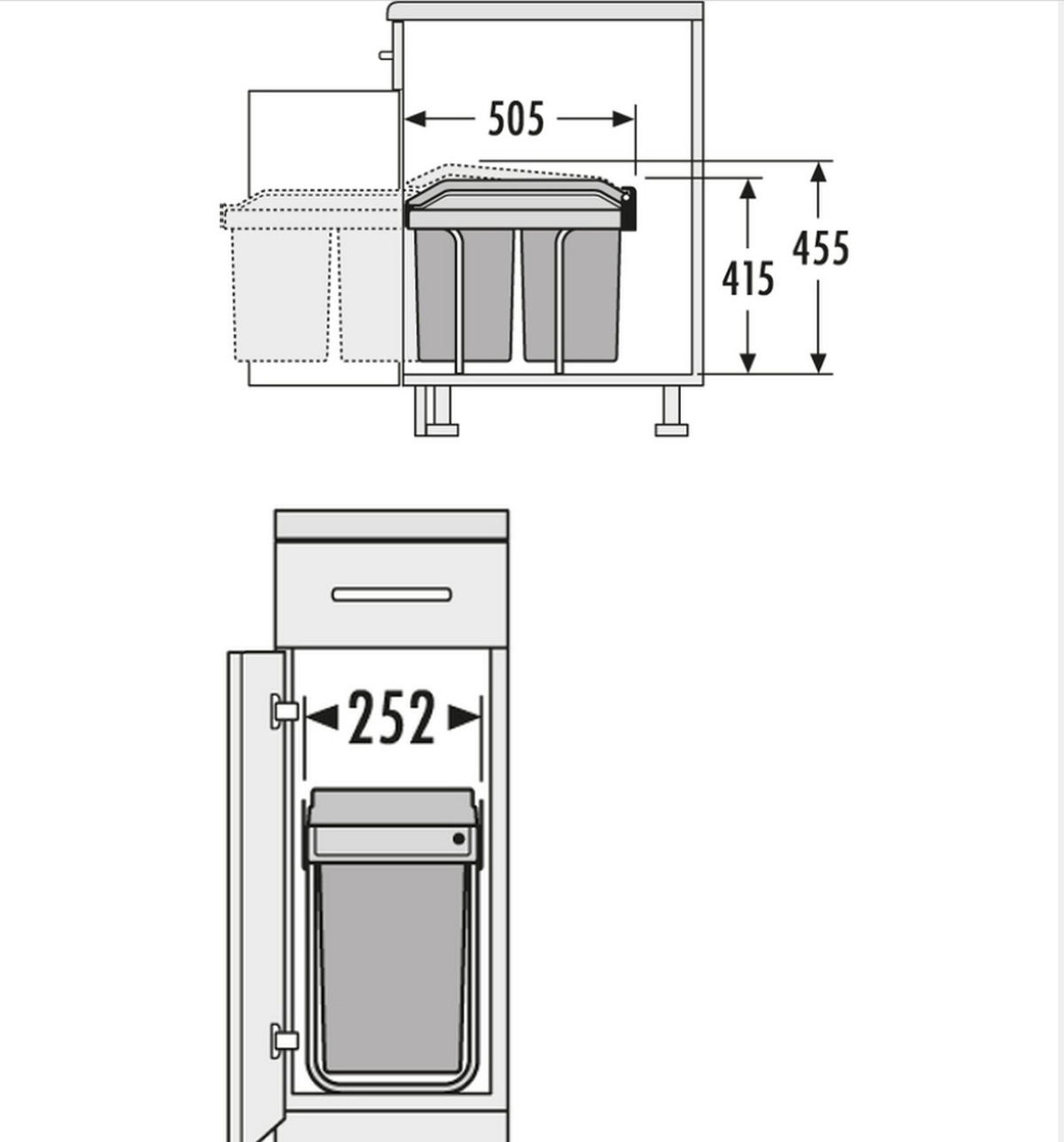 MÜLLEIMER Hailo Tandem Grau Einbau 30-90cm Schrank 2x 15 L Mülltrennung Teilauszug - Grau, Metall (25.2/45.5/50.5cm) - Hailo