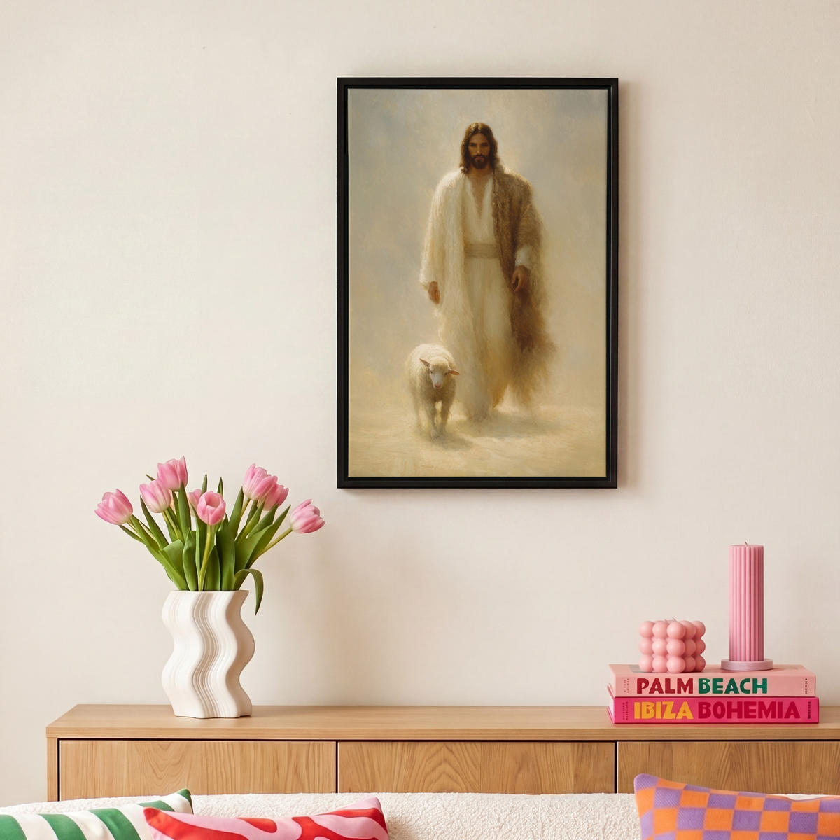 LEINWAND Bilder mit Rahmen - Schaf - Jesus - Pinselstriche - Abstrakt - 20x30 - Beige, Textil (20/30cm) - MuchoWow