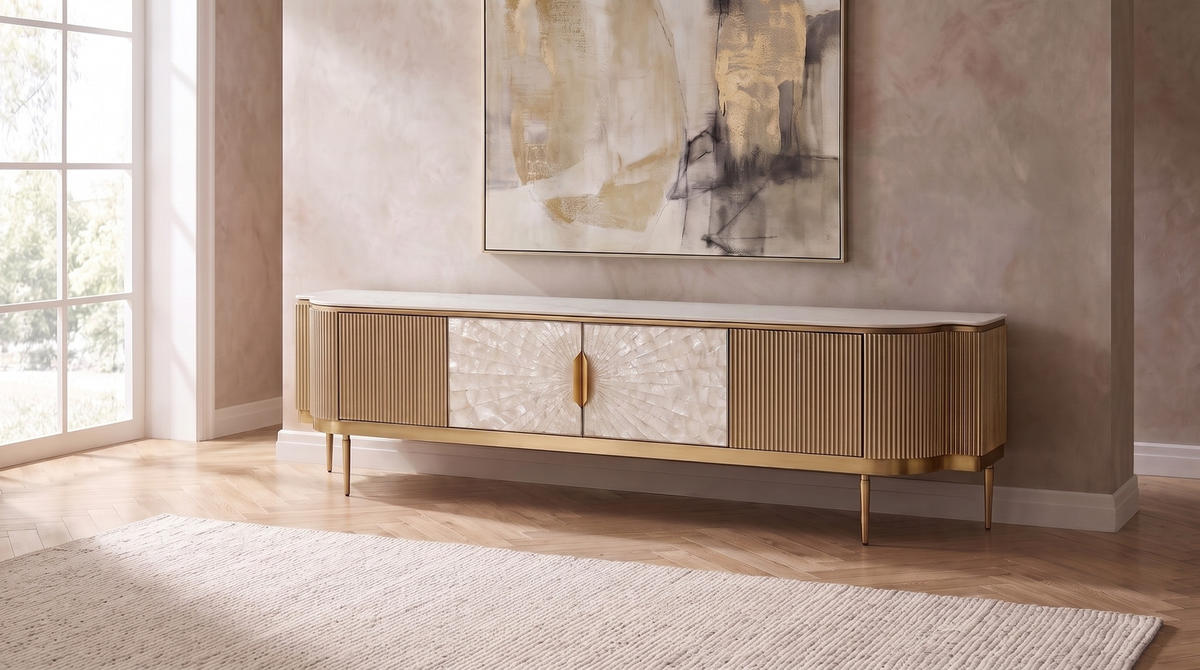 LOWBOARD LEOLA Cremeweiß Holz - Goldfarben/Creme, Holz/Metall (200/200cm) - KAWOLA