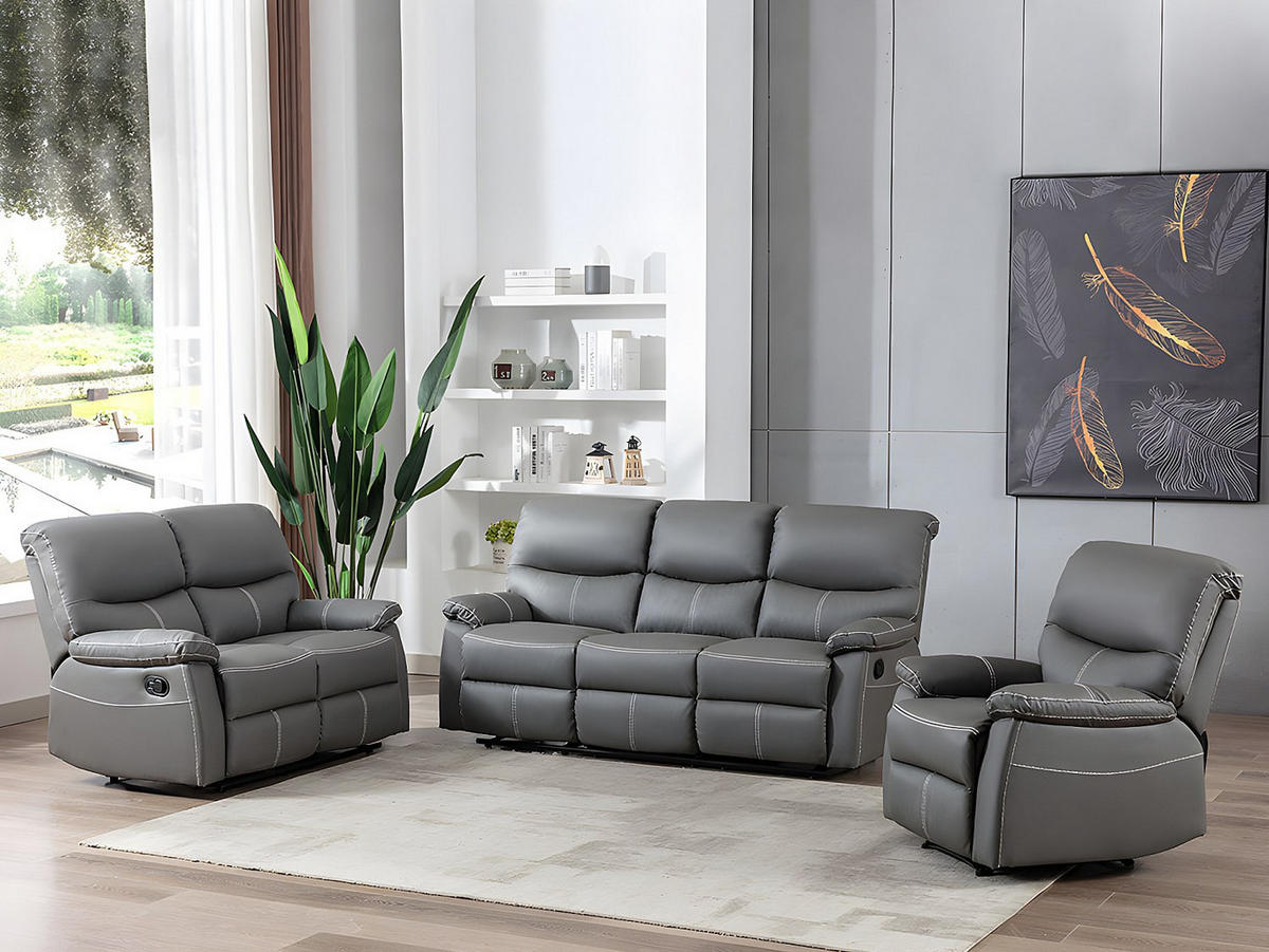 SOFAGARNITUR mit Relaxfunktion - 6 -Sitzer - Kunstleder - grau - CANBY - Grau, Leder (183/95/90cm) - Vente-Unique