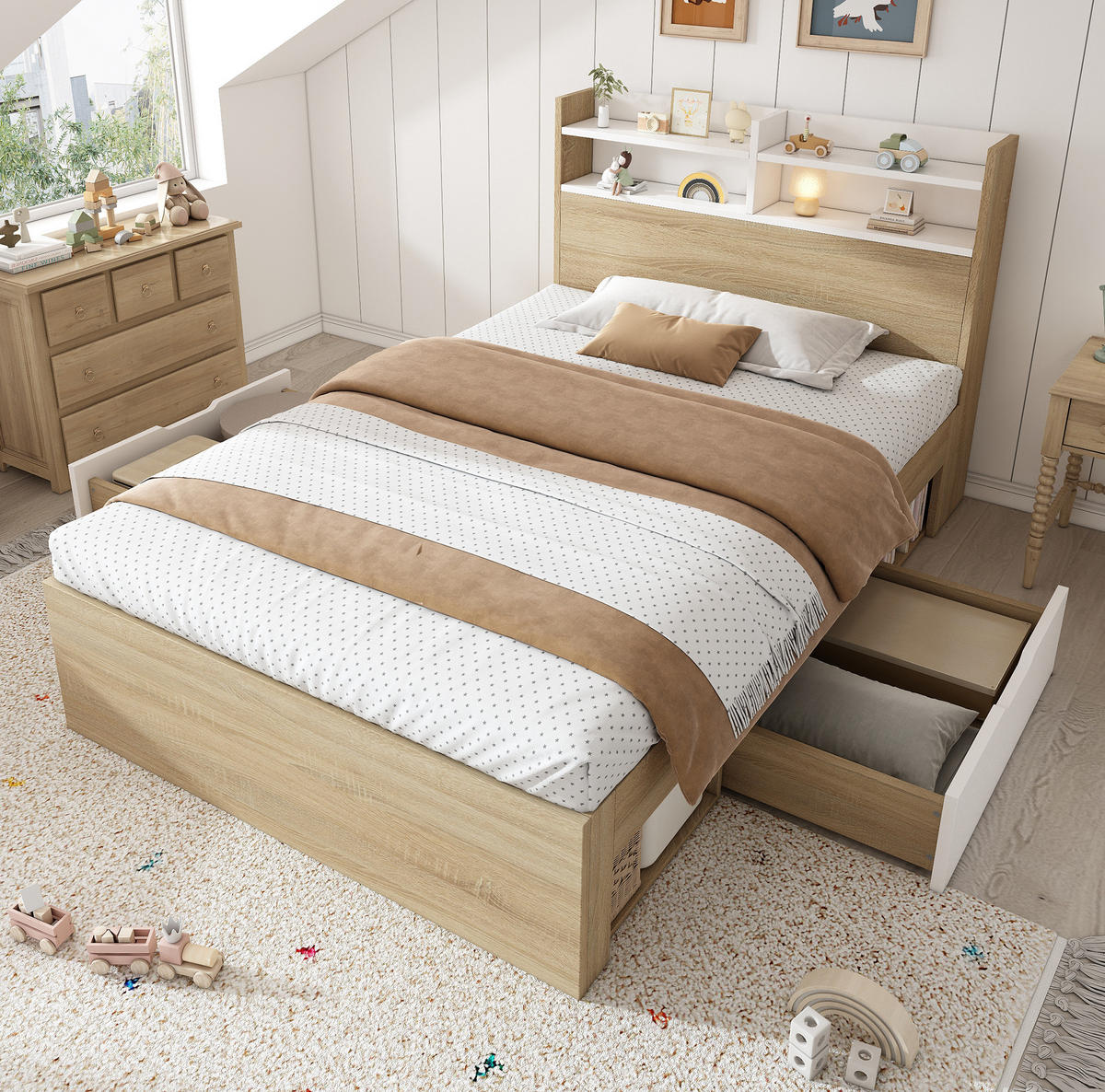 BETT 90/200 cm mit Kopfteil, Stauraum und Lattenrost in Weiß/Eiche - Weiß, Holzwerkstoff (90/200cm) - BEAOK