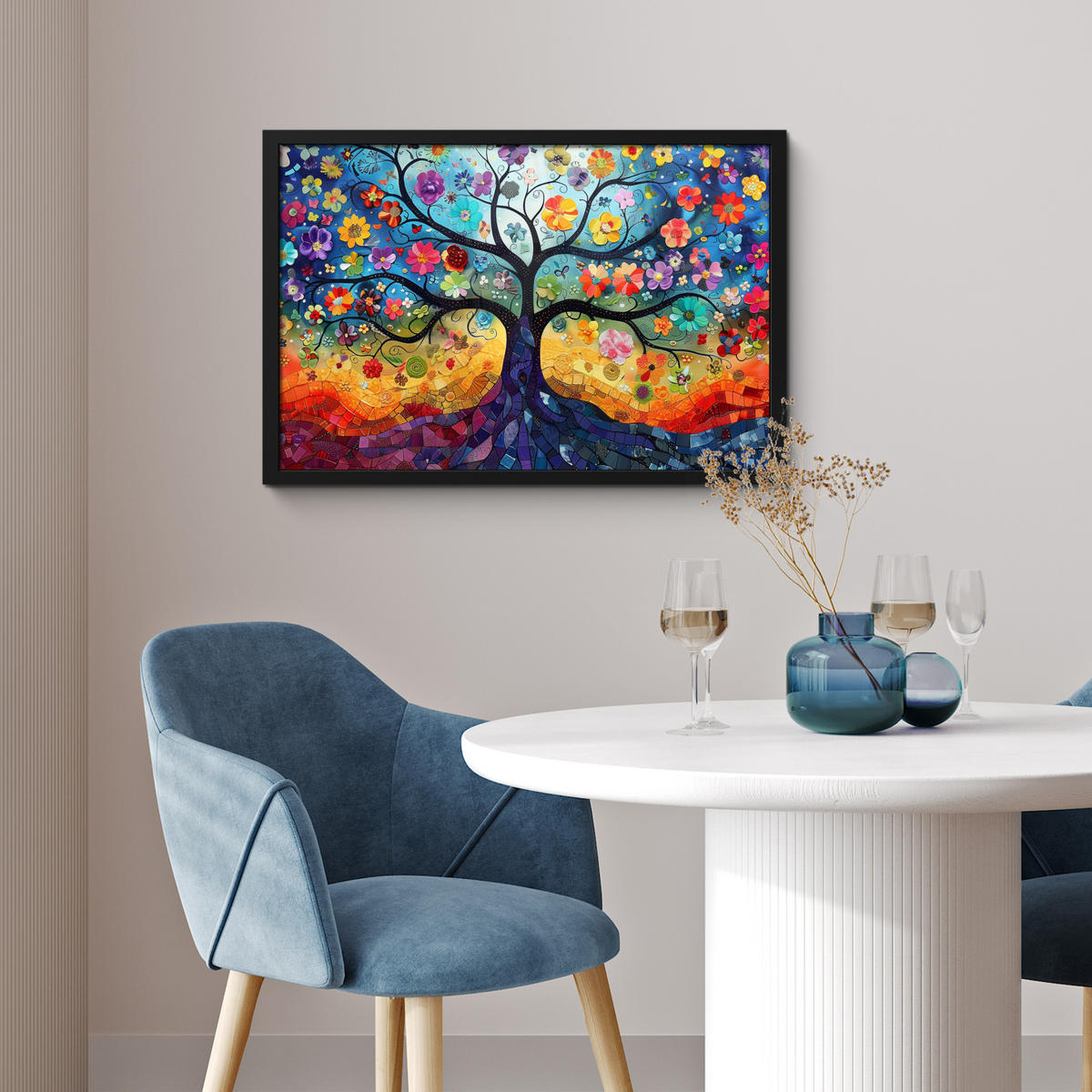 ZARÁMOVANÝ PLAGÁT Umenie - Strom života - Kvety - Hippie 60x40 cm - tmavomodrá, papier (60/40cm) - MuchoWow
