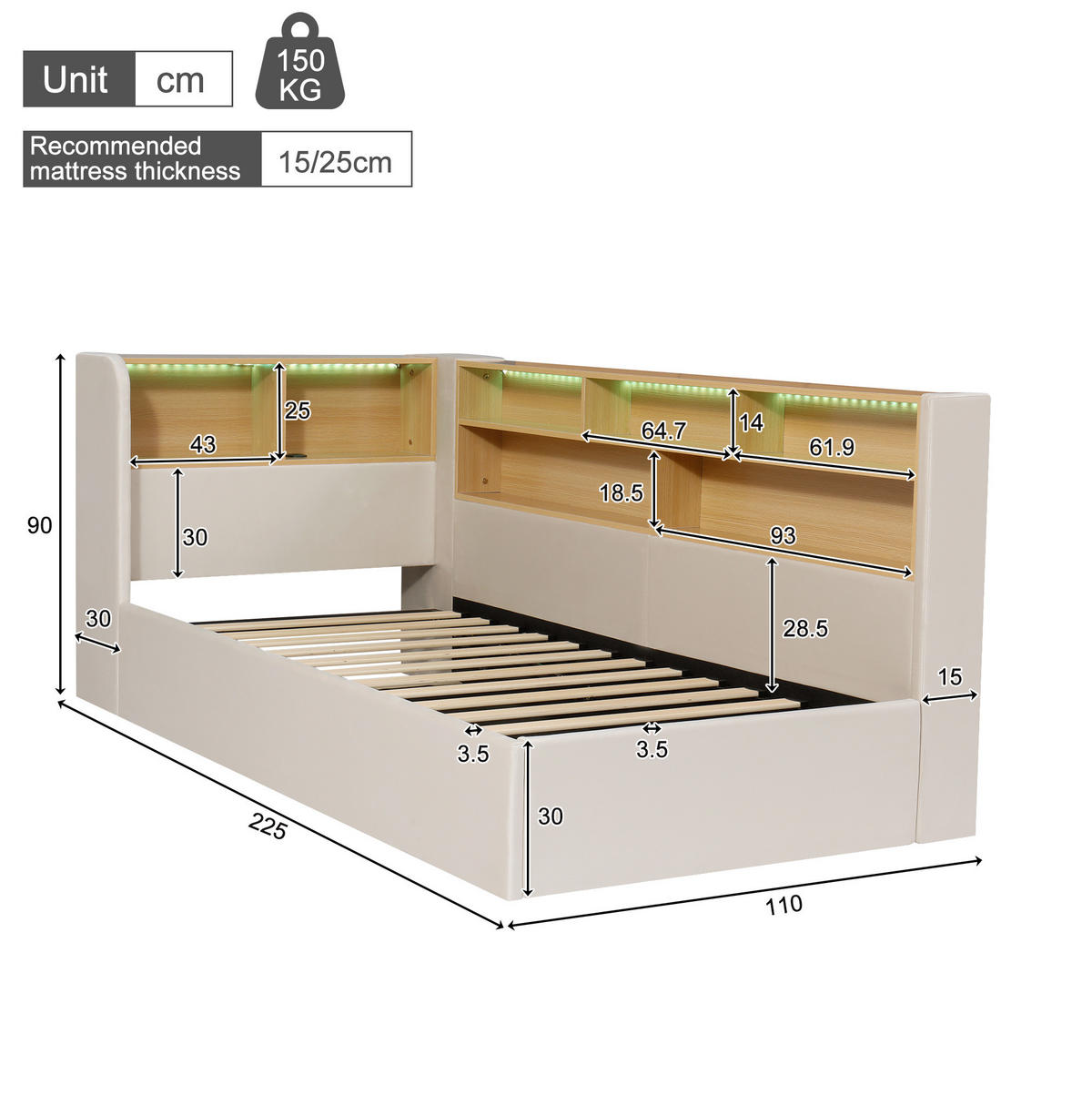 POLSTERBETT aus Samt 90x200 cm in Beige mit LED & USB/Type-C - Beige, Textil (90/200cm) - Modfu