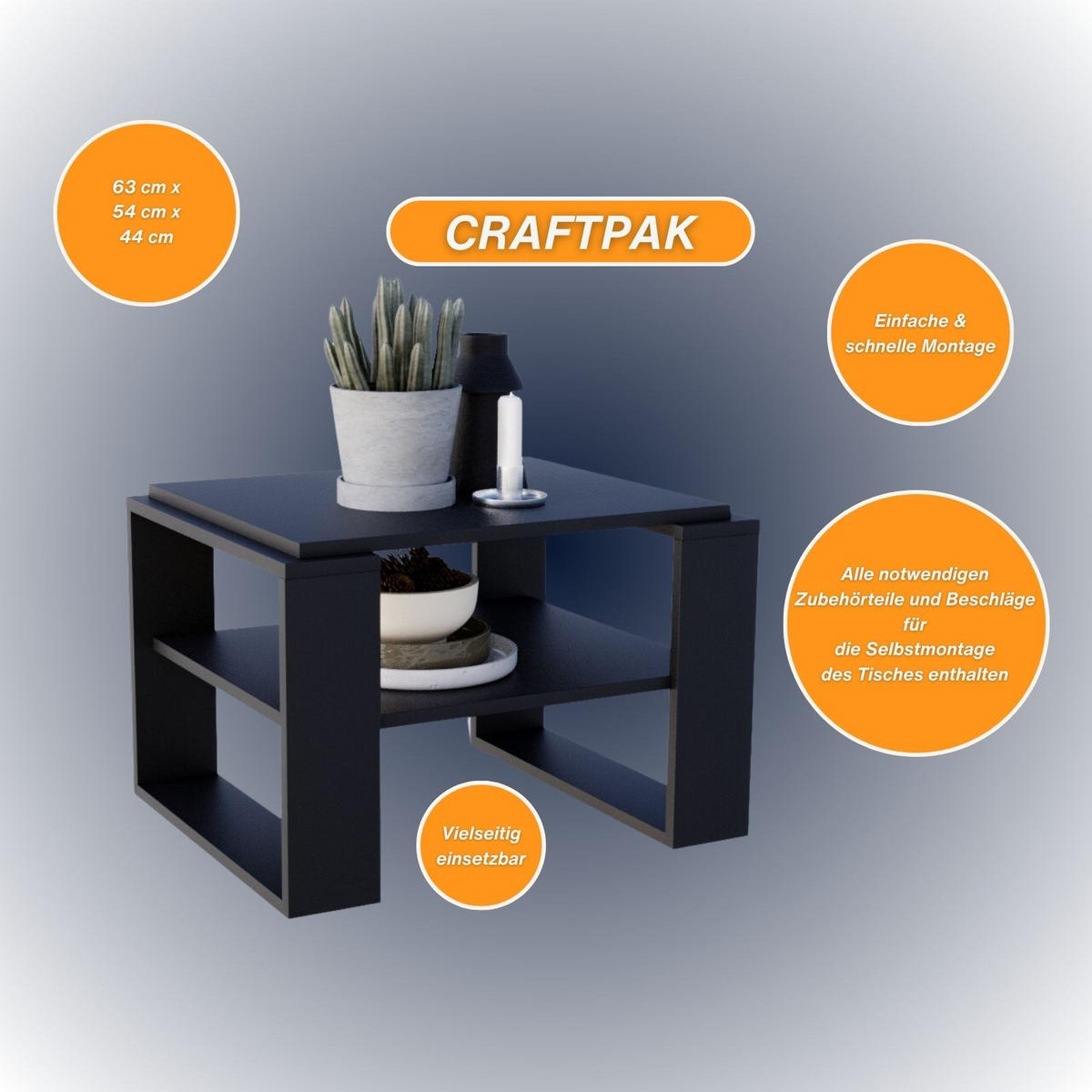 COUCHTISCH Holzwerkstoff rechteckig stabil Schwarz 44/54/63cm - Schwarz, Holzwerkstoff (54/63/44cm) - CraftPAK