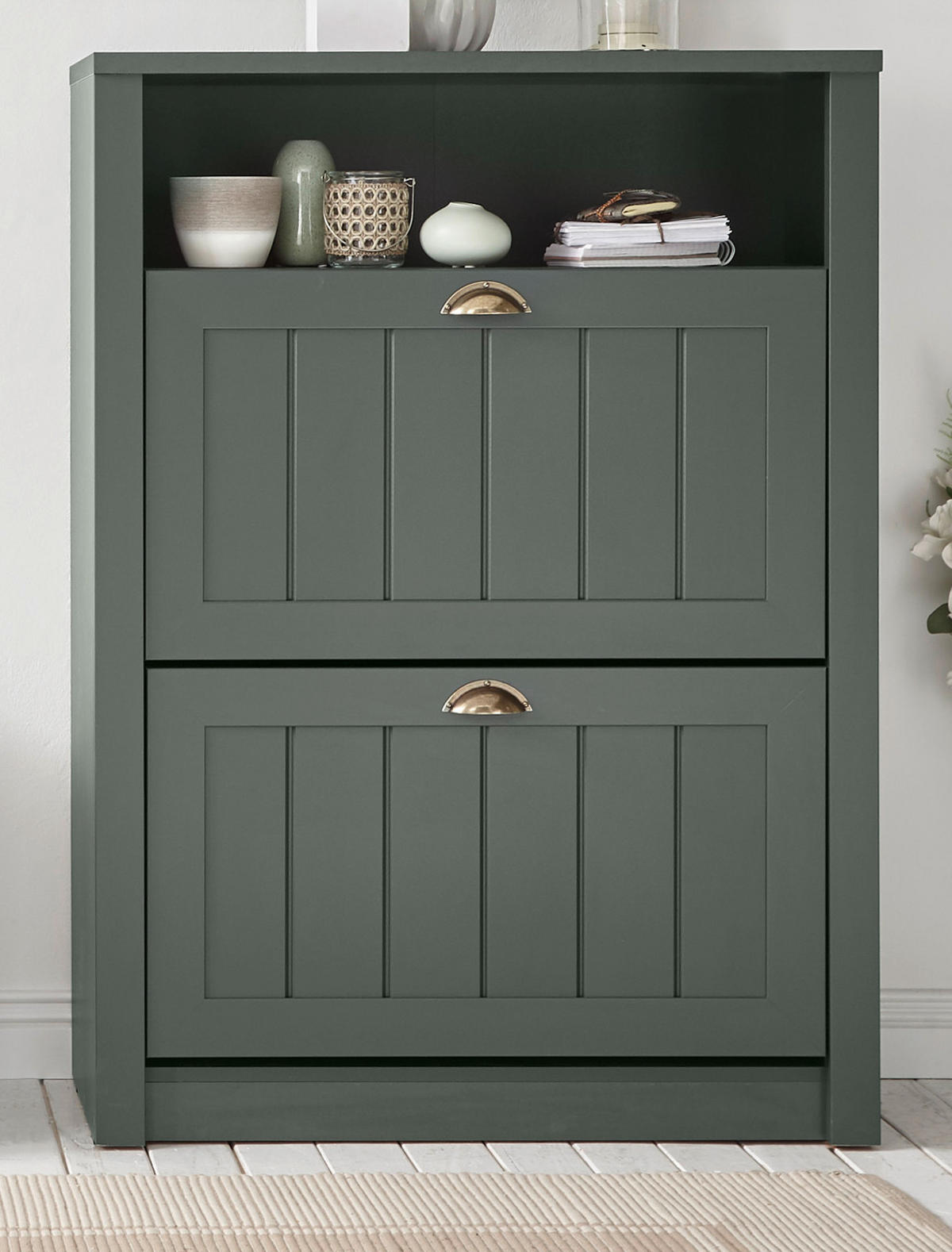 SCHUHSCHRANK grün, Landhausstil, Flur Schuhkipper 80 x 112 cm - Dunkelgrün/Goldfarben, Holzwerkstoff/Kunststoff (80/112/36cm) - Furn.Design