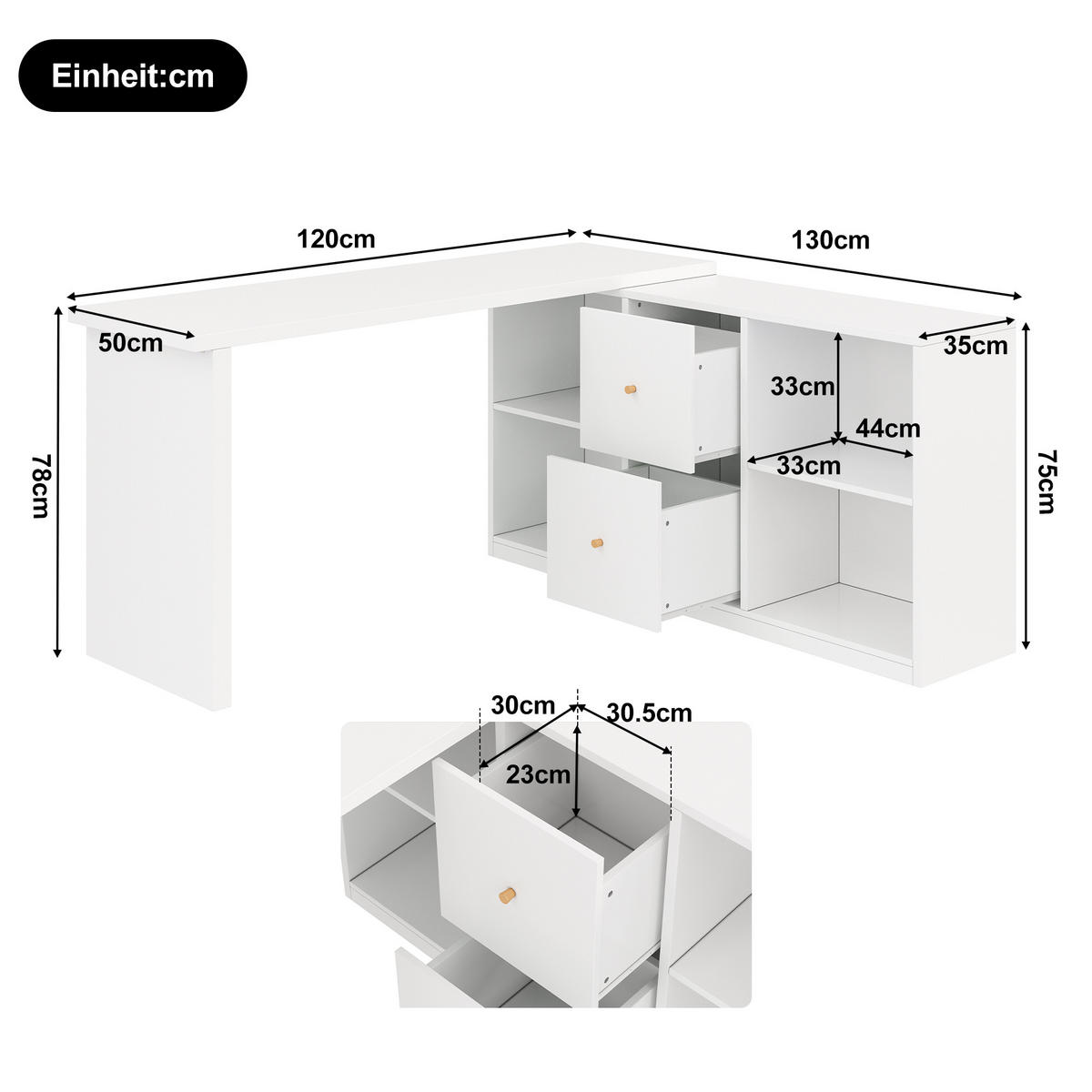 ECKSCHREIBTISCH L-Form 120cm 2 Schubladen beidseitig modern - Weiß, Holzwerkstoff (120/50/78cm) - FLIEKS