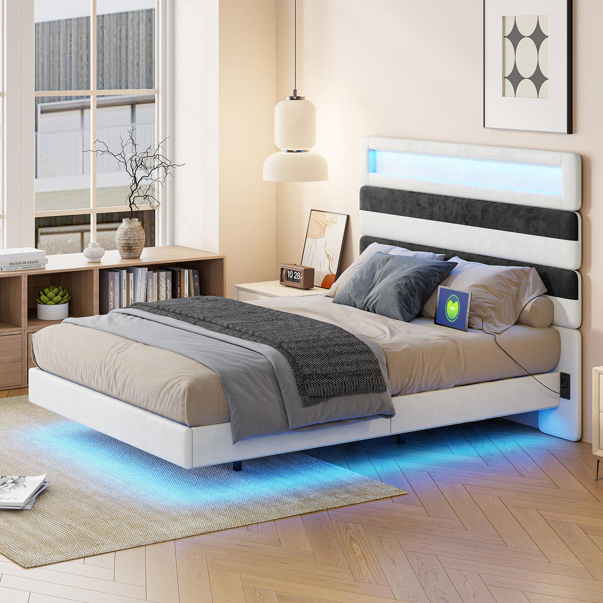 POLSTERBETT 140x190 cm mit integrierter LED-Beleuchtung, USB Typ-C Anschlüsse, Samtstoff weiß - Weiß, Holzwerkstoff (140/190cm) - Novahome