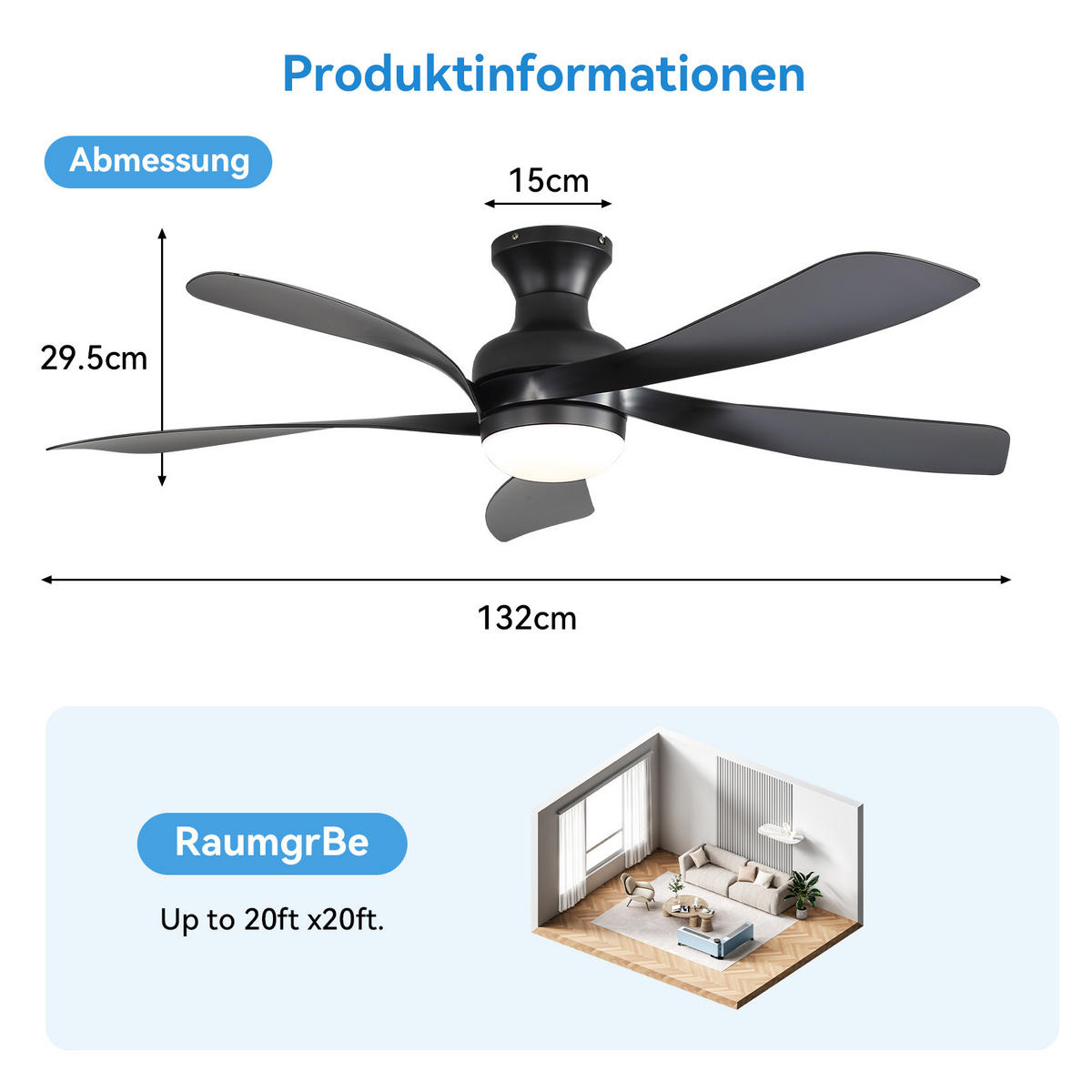 DECKENVENTILATOR 132cm LED Licht 5 ABS Flügel Timer Fernbedienung - Schwarz, Kunststoff (132/132/30.5cm) - CASIVA