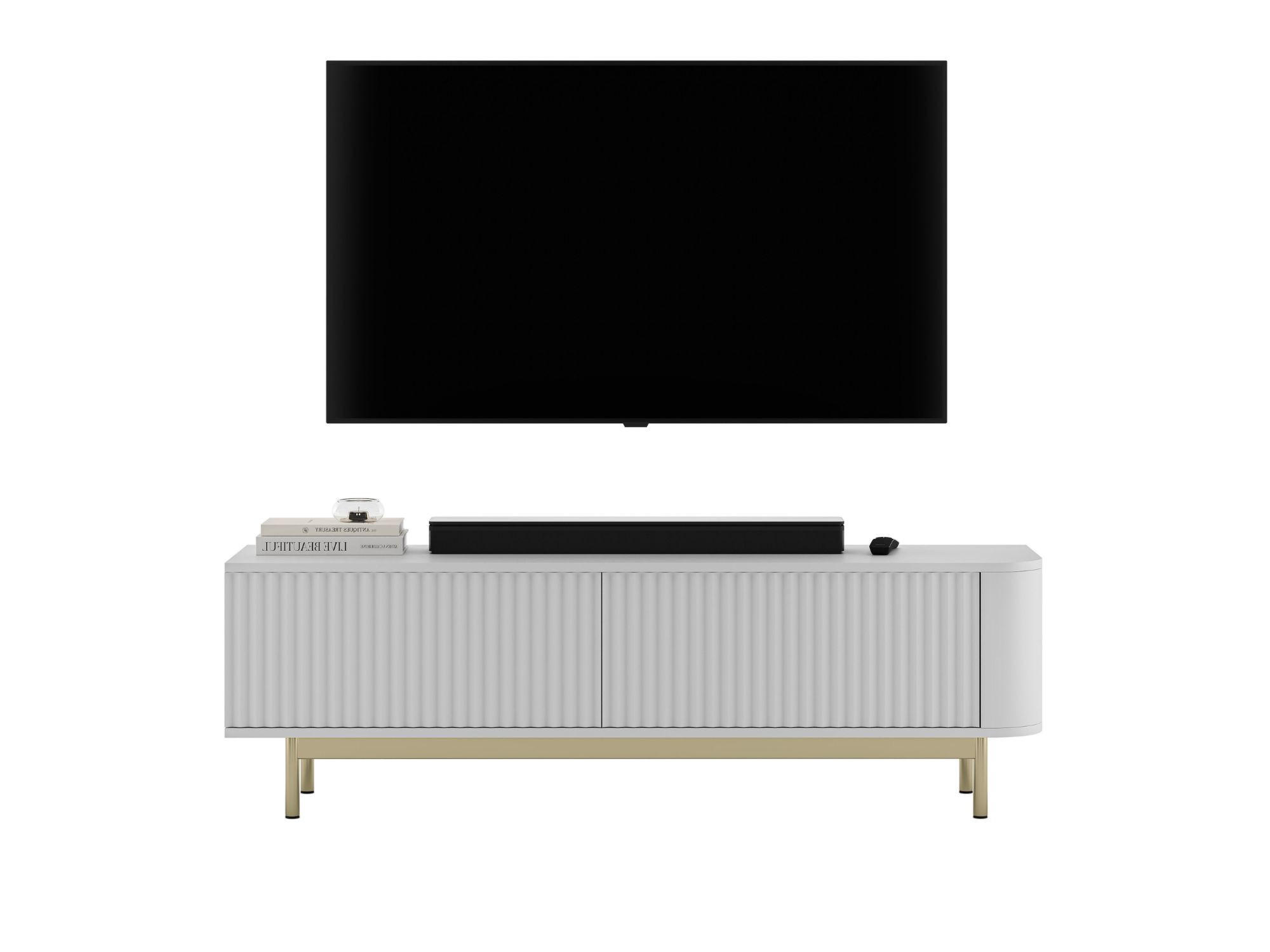 TV stolek Aurora bílý matný 140 cm se zlatým kovovým rámem - bílá/zlatá, kov/kompozitní dřevo (140/44/35cm) - Meble Lindner