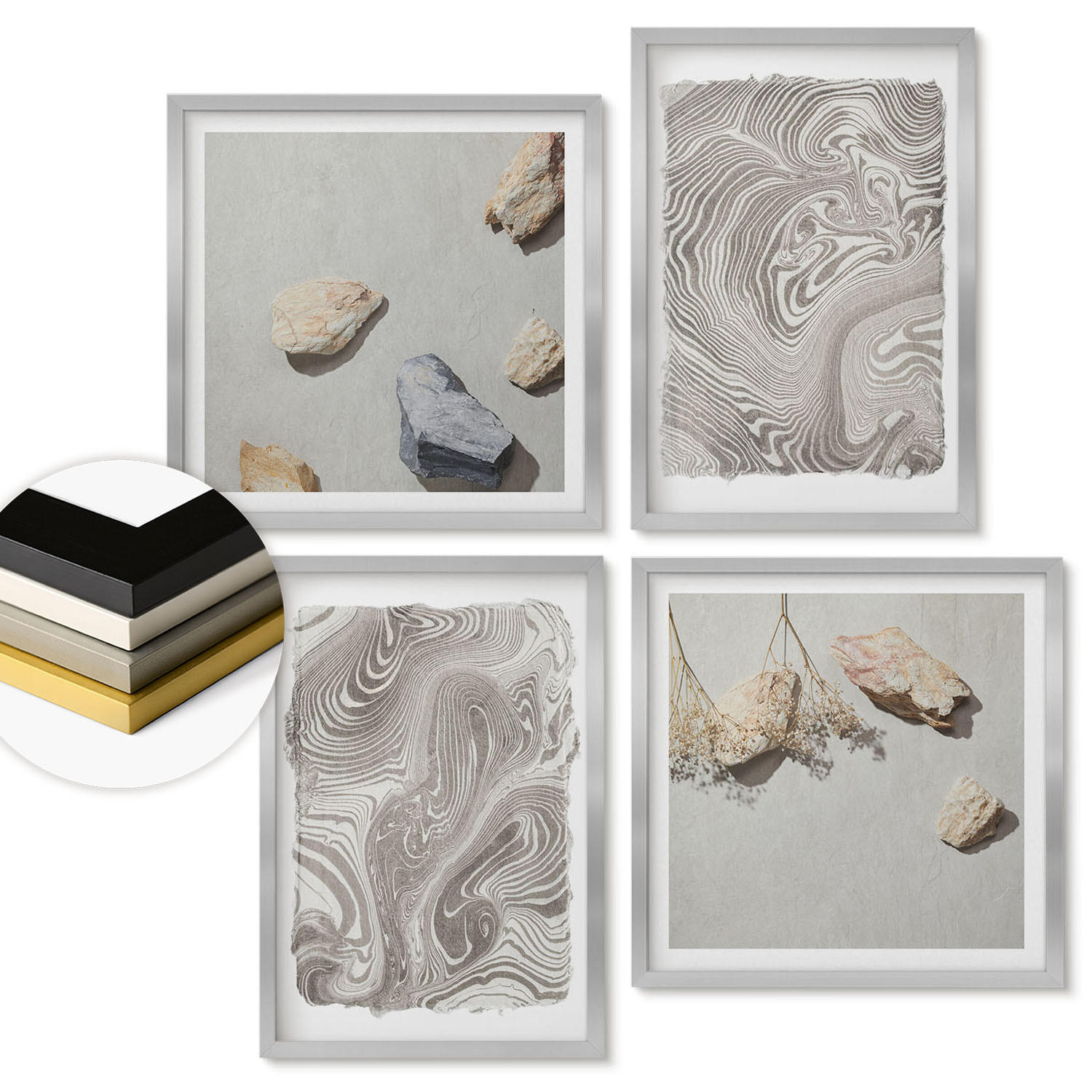 WANDBILDER 4er Set - 50x50 cm & 40x60 cm Silberner Rahmen - Moderne abstrakte Formen - Silberfarben, Kunststoff (50/50cm) - ArtPrintCave