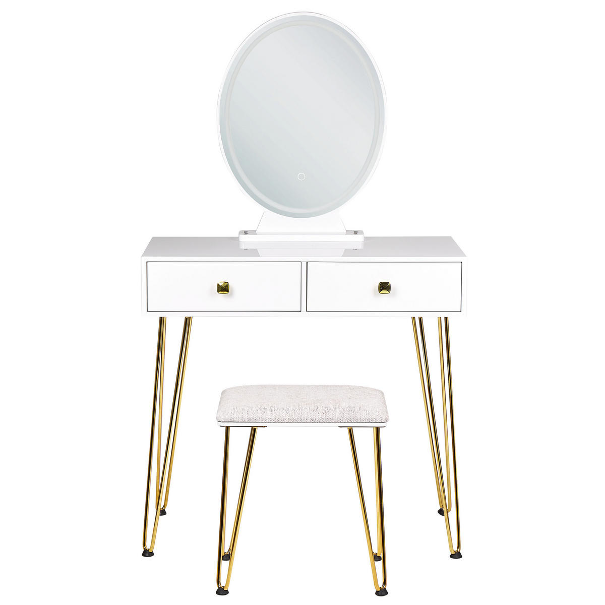 SCHMINKTISCH mit ovalem LED-Spiegel Hocker 2 Schubladen weiß/gold Caen - Goldfarben/Weiß, Holzwerkstoff (82/137/40cm) - Beliani
