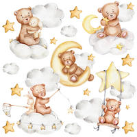 WANDSTICKER Teddybären Wolken Monde Sterne 120x60 - Gelb/Beige, Papier (120/60/1cm) - Muralo