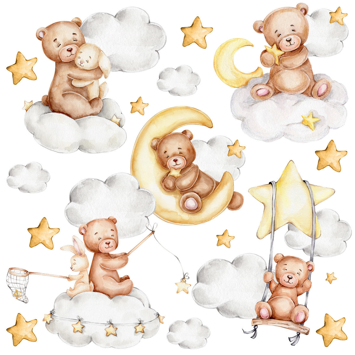 WANDSTICKER Teddybären Wolken Monde Sterne 120x60 - Gelb/Beige, Papier (120/60/1cm) - Muralo