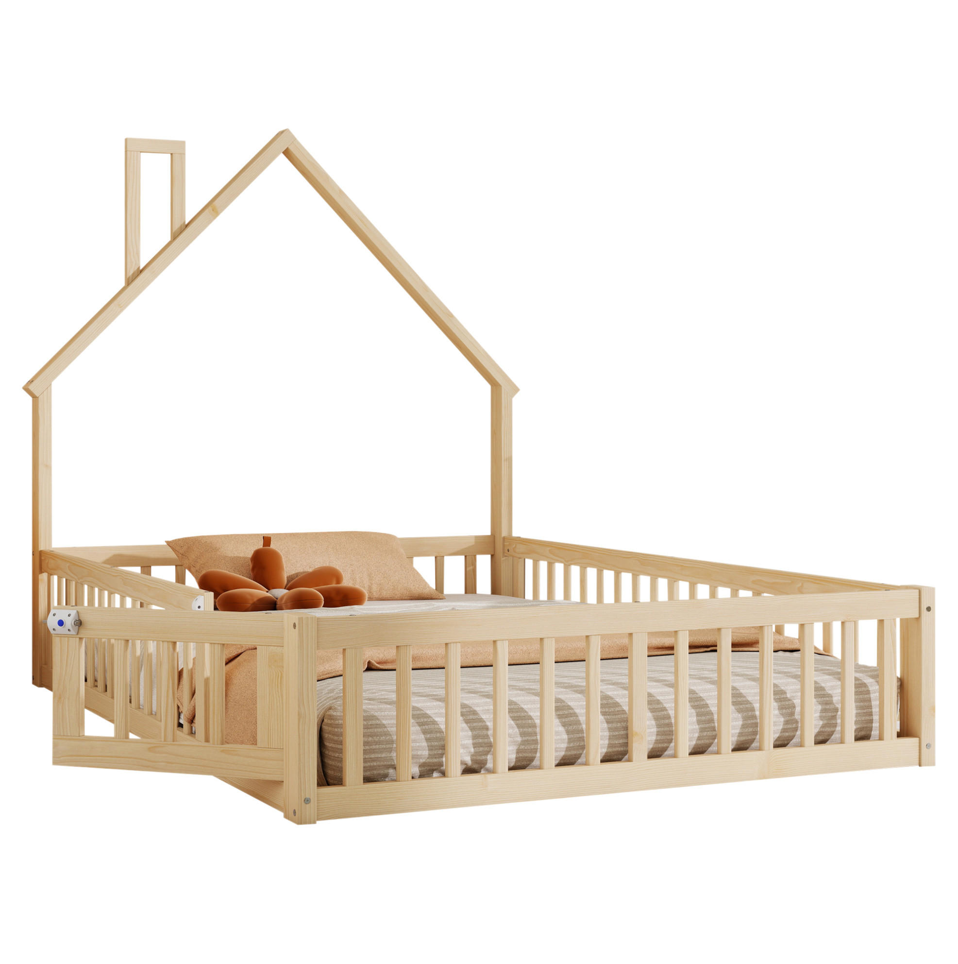 KINDERBETT 140/200 cm mit Lattenrost, Sicherheitsgitter und Schornsteinform aus Kiefernholz/MDF, Natur - Naturfarben, Holz (140/200cm) - Redom