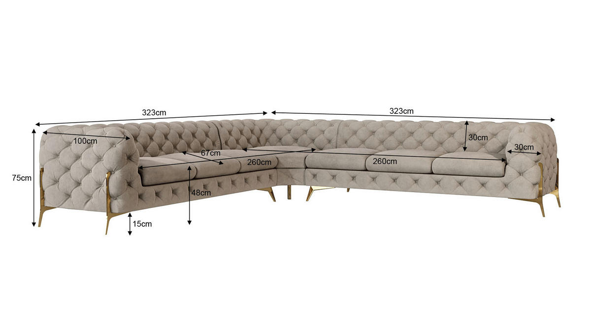 ECKSOFA Chesterfield Lexi Dunkle Creme Samt - Goldfarben/Creme, Holz/Textil (323/323cm) - S-Style Möbel