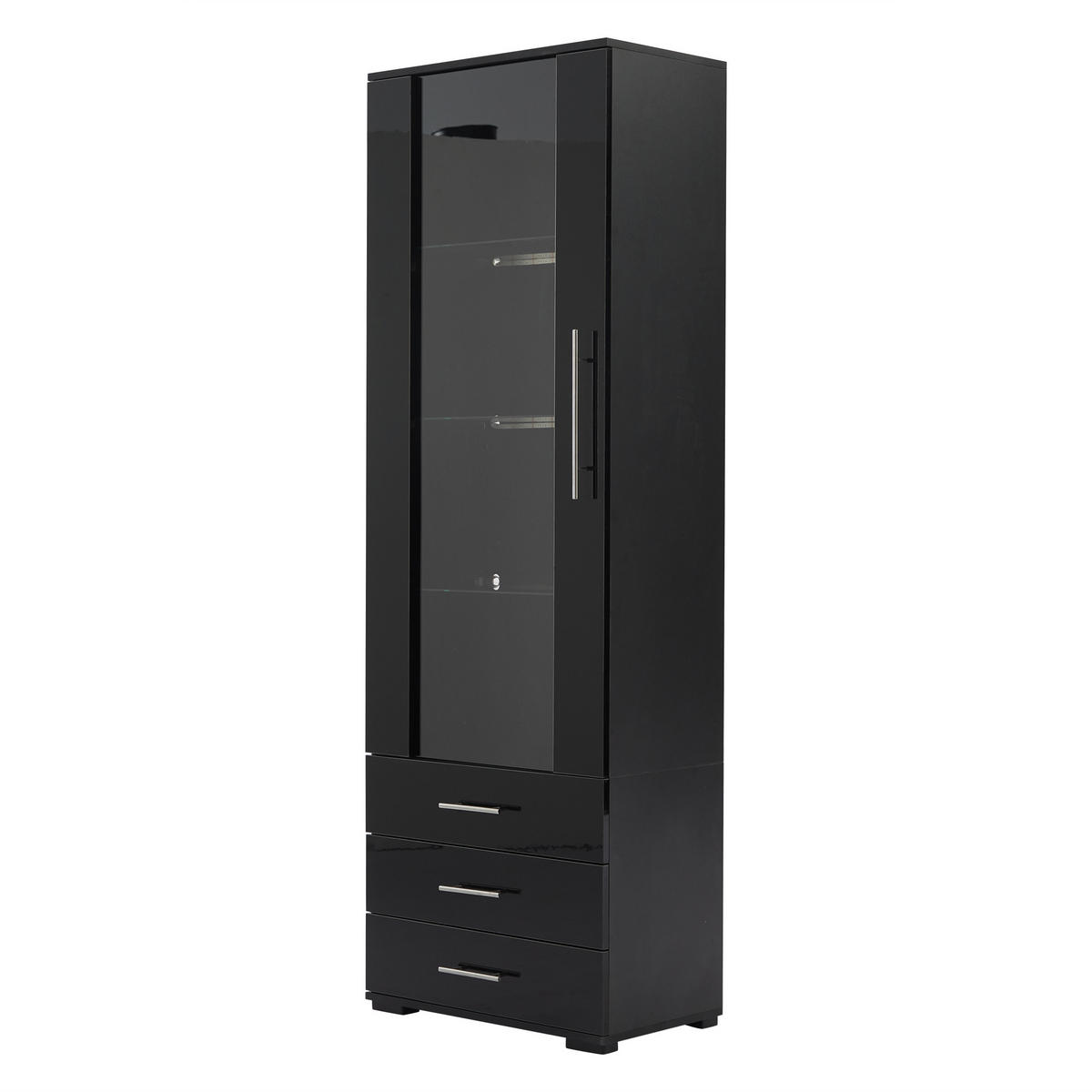 VITRINE Buffetschrank 130/38/76 cm Riffel-Design Hochglanz Türen Eisenfüße Spanplatte 3 Türen 3 Schubladen - Transparent/Schwarz, Glas/Holzwerkstoff (60/180/35cm) - EVRYAE