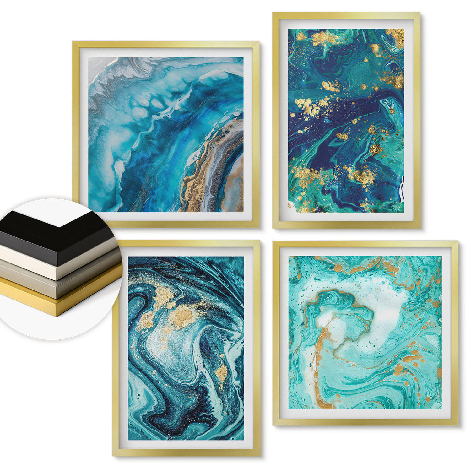 WANDBILDER 4er Set - 50x50 cm & 40x60 cm Goldrahmen - Abstraktionen dekorativer Malerei - Goldfarben, Kunststoff (50/50cm) - ArtPrintCave