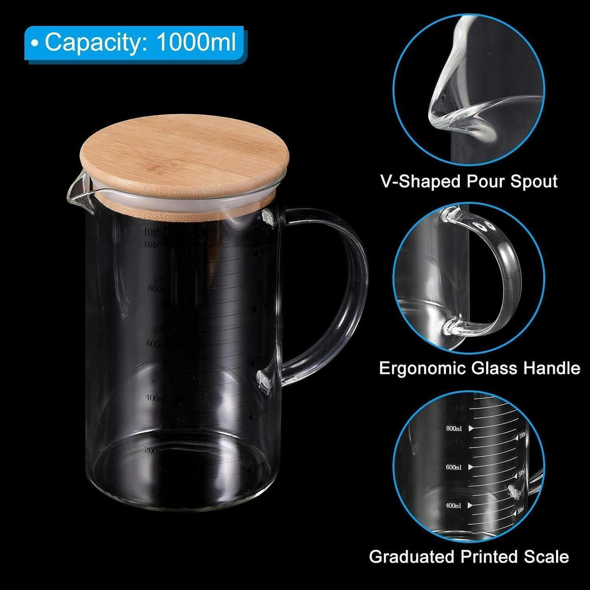 MESSBECHER aus Glas 1000 ml mit Holzdeckel - Schwarz, Glas (1L)