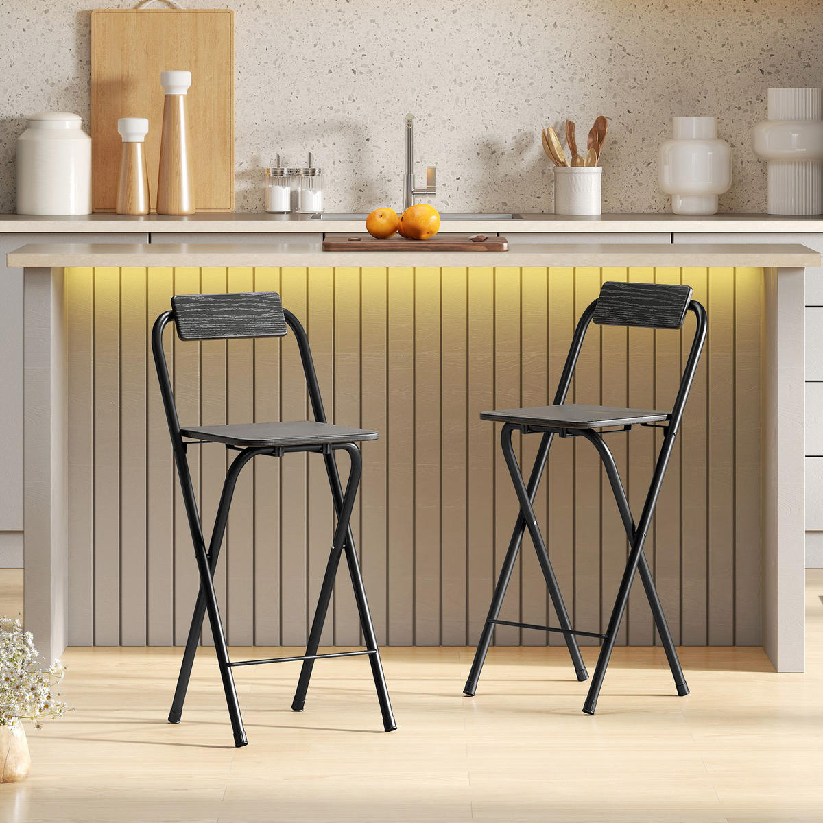 BARHOCKER 2er-Set DE-14767 klappbar mit Rückenlehne und Fußstütze Schwarz - Schwarz, Metall (37/87/45cm) - ComfortXL