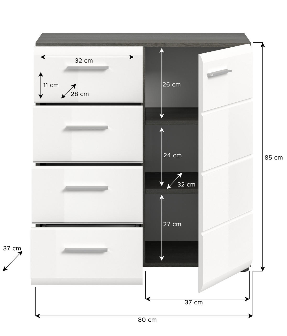 KOMMODE weiß Hochglanz, grau 80 cm, Sideboard mit Schubkästen - Weiß Hochglanz/Silberfarben, Holzwerkstoff/Kunststoff (75/85/37cm) - Inn.Furn