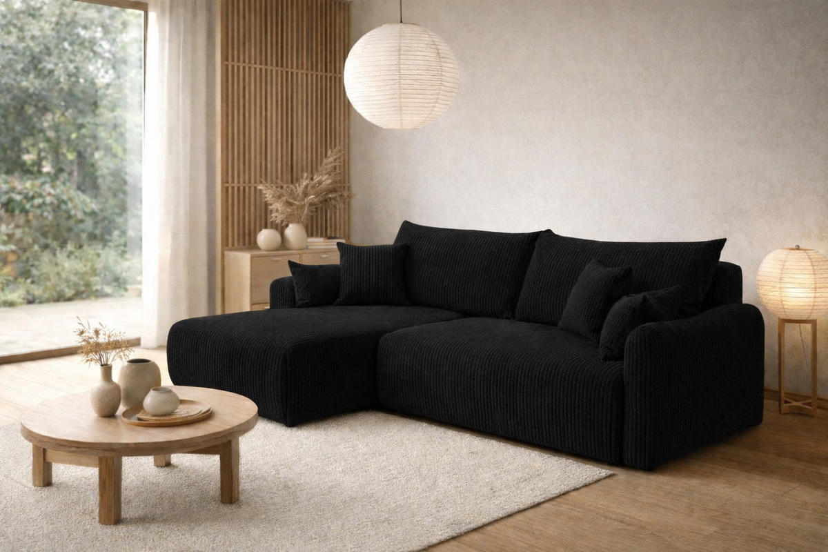 ECKSOFA Mit Schlaffunktion, Cordstoff Poso, Schwarz, Links, JAPANDI - Schwarz, Holz (262/145cm) - Kaiser Möbel